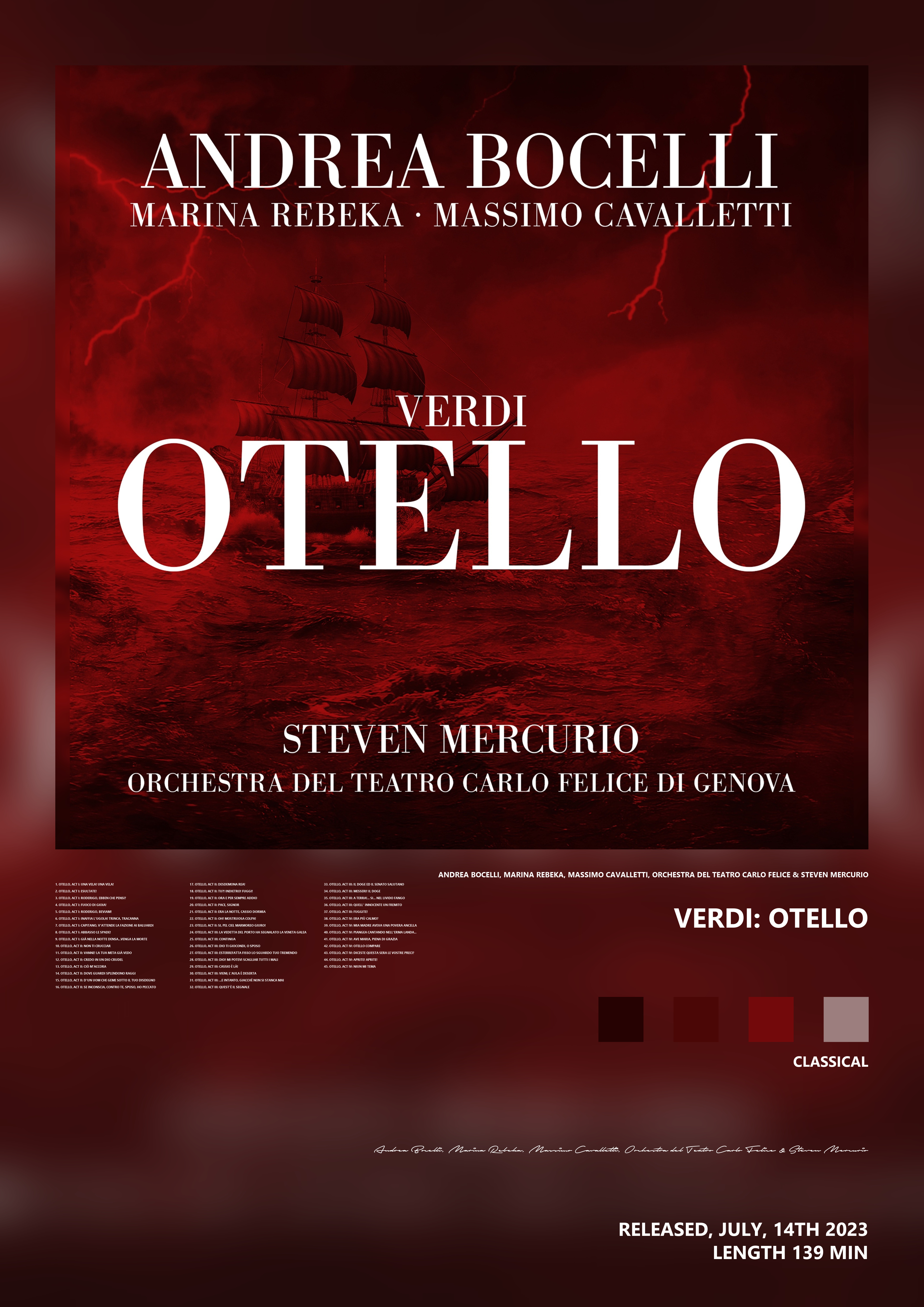 Music poster: Andrea Bocelli Marina Rebeka Massimo Cavalletti Orchestra del Teatro Carlo Felice Steven Mercurio - Verdi Otello