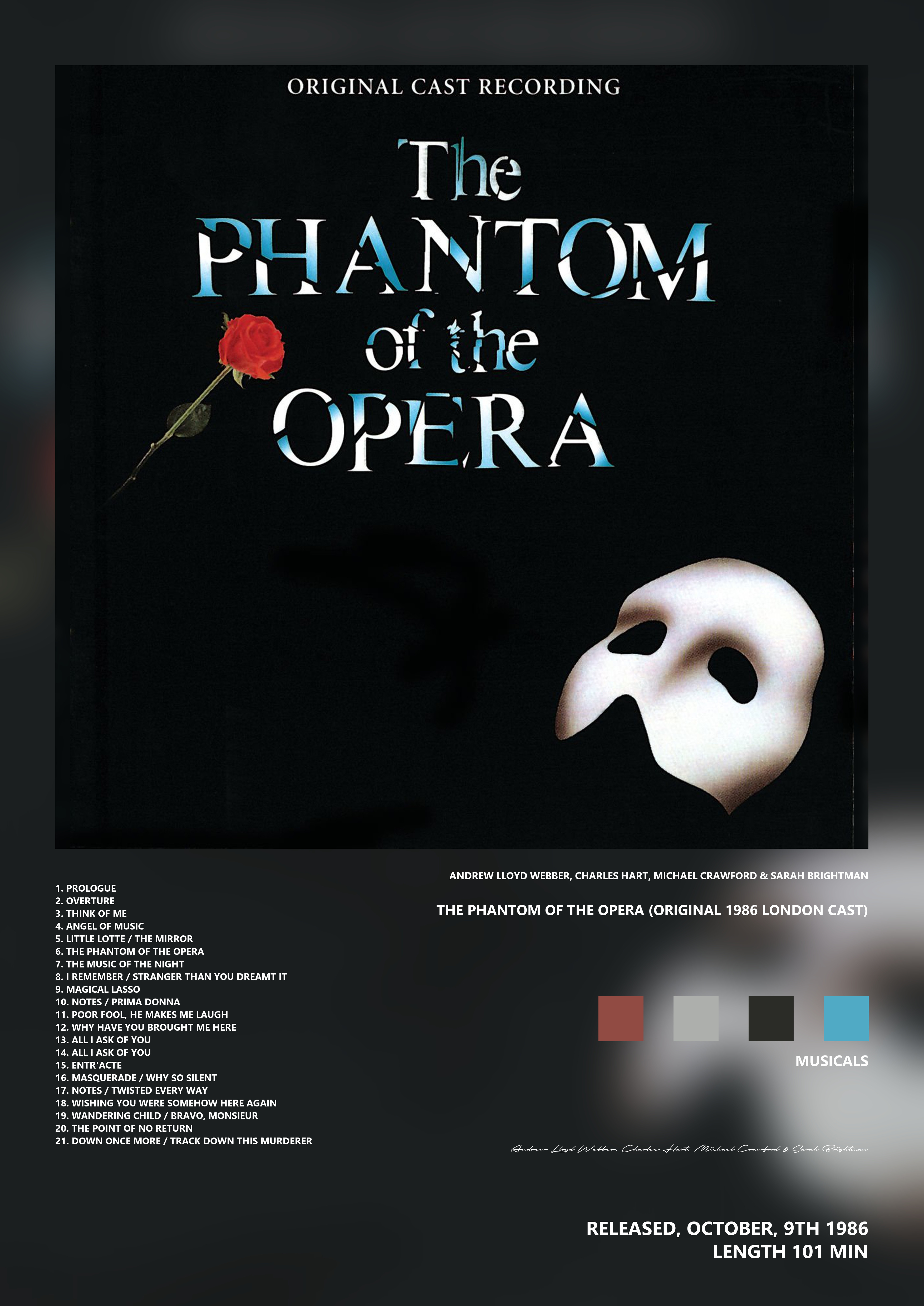 Music poster: Andrew Lloyd Webber Charles Hart Michael Crawford Sarah Brightman - The Phantom of the Opera Original 1986 London Cast
