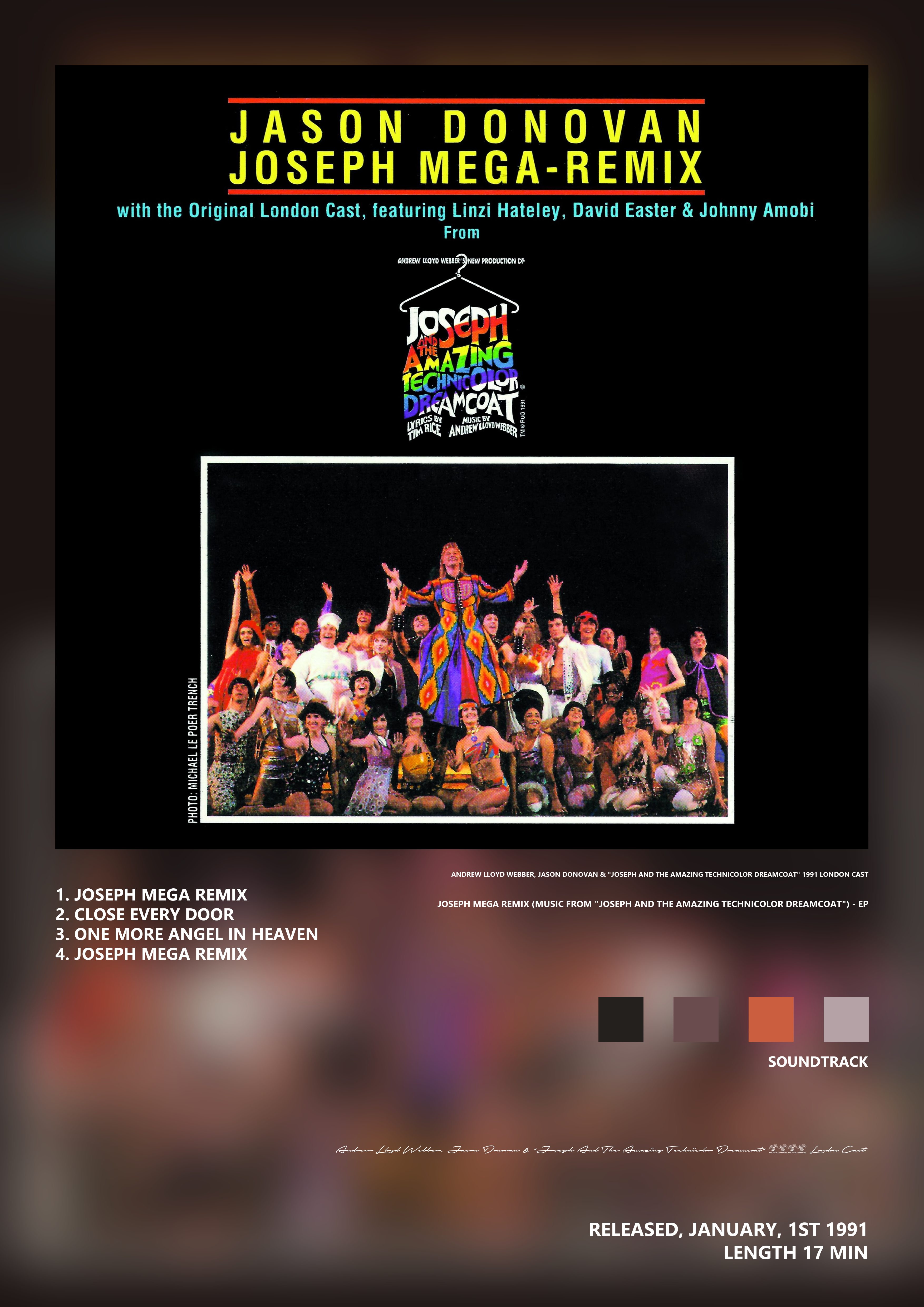 Music poster: Andrew Lloyd Webber Jason Donovan Joseph And The Amazing Technicolor Dreamcoat 1991 London Cast - Joseph Mega Remix Musi