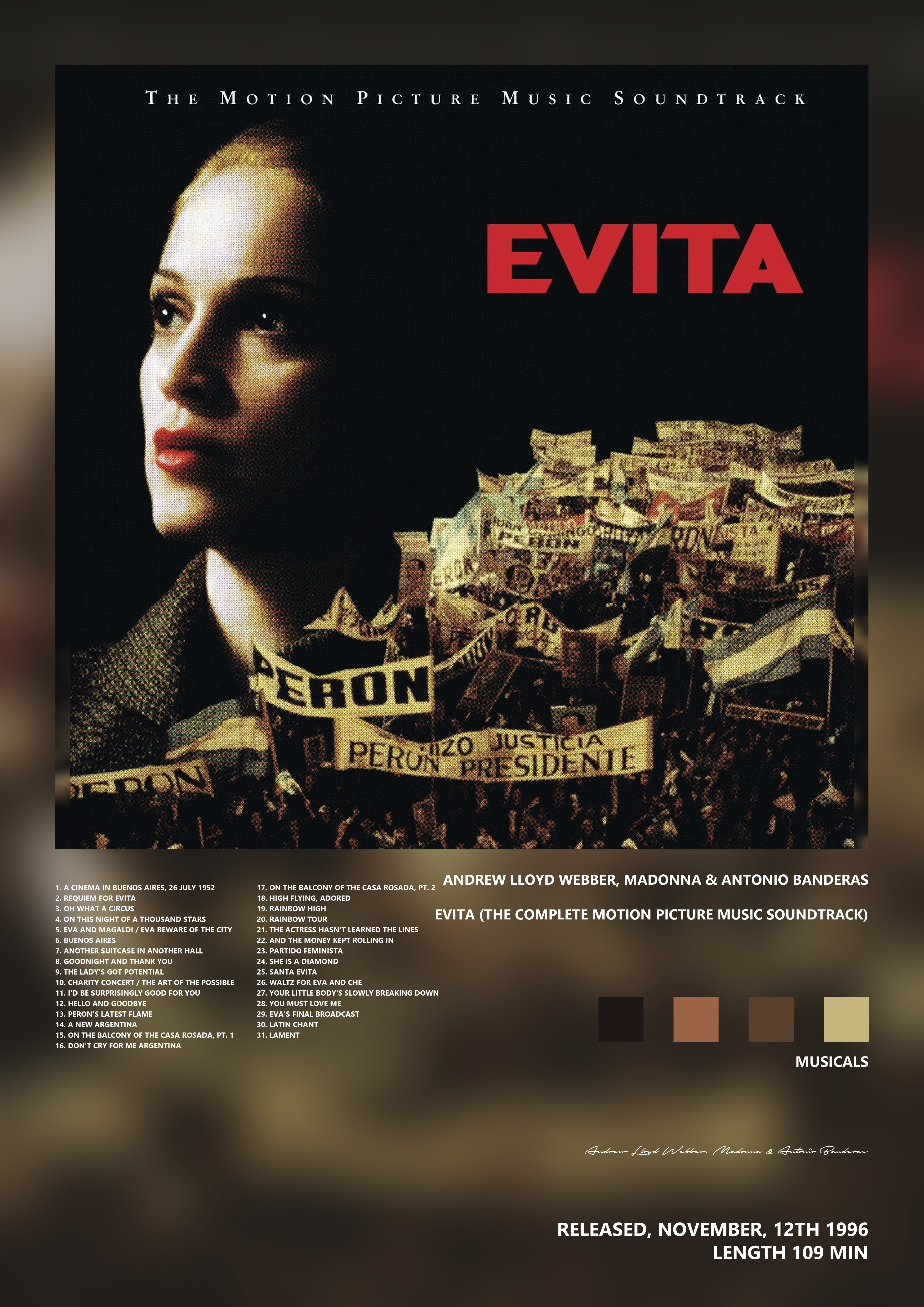Music poster: Andrew Lloyd Webber Madonna Antonio Banderas - Evita The Complete Motion Picture Music Soundtrack