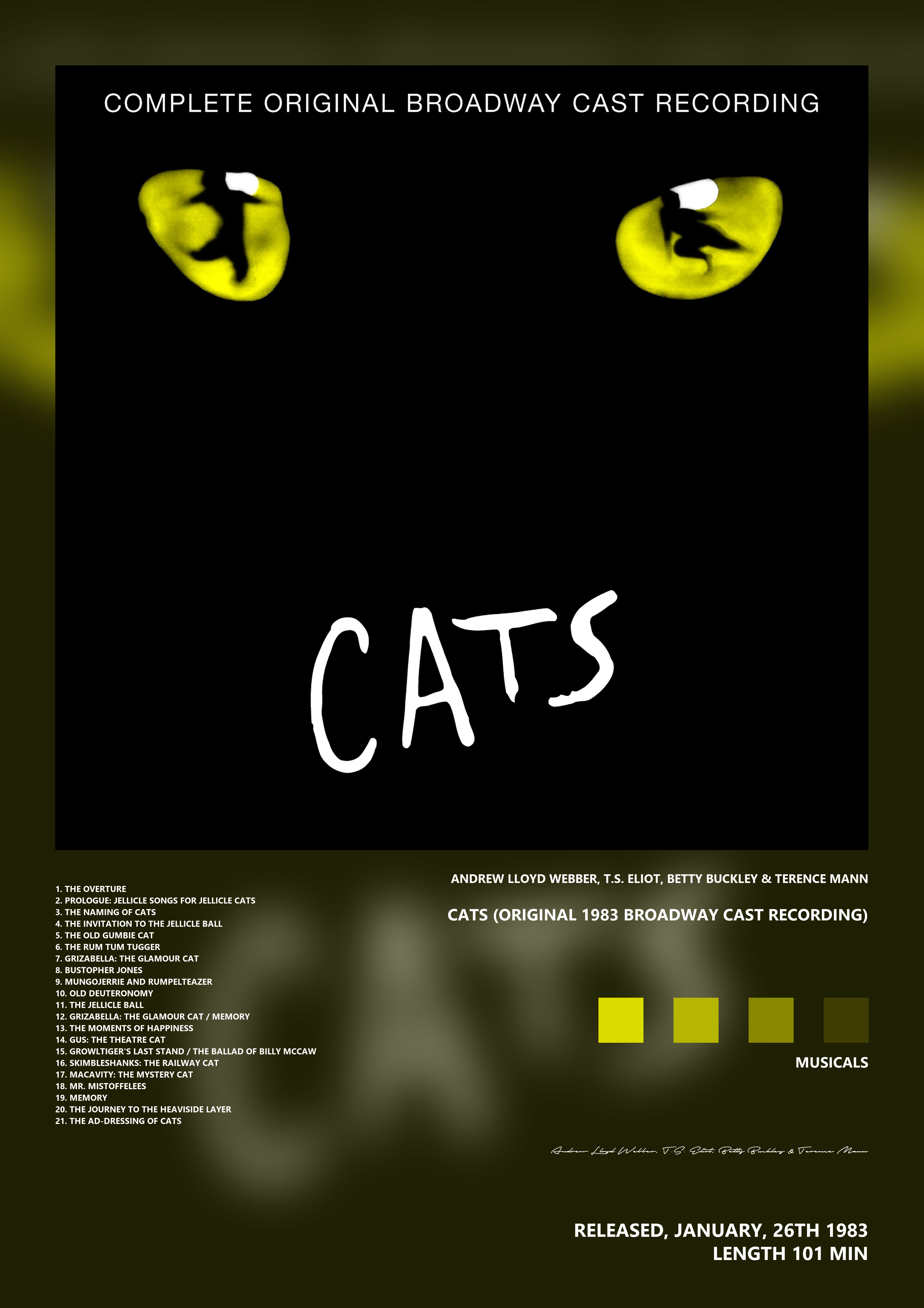 Music poster: Andrew Lloyd Webber TS Eliot Betty Buckley Terence Mann - Cats Original 1983 Broadway Cast Recording