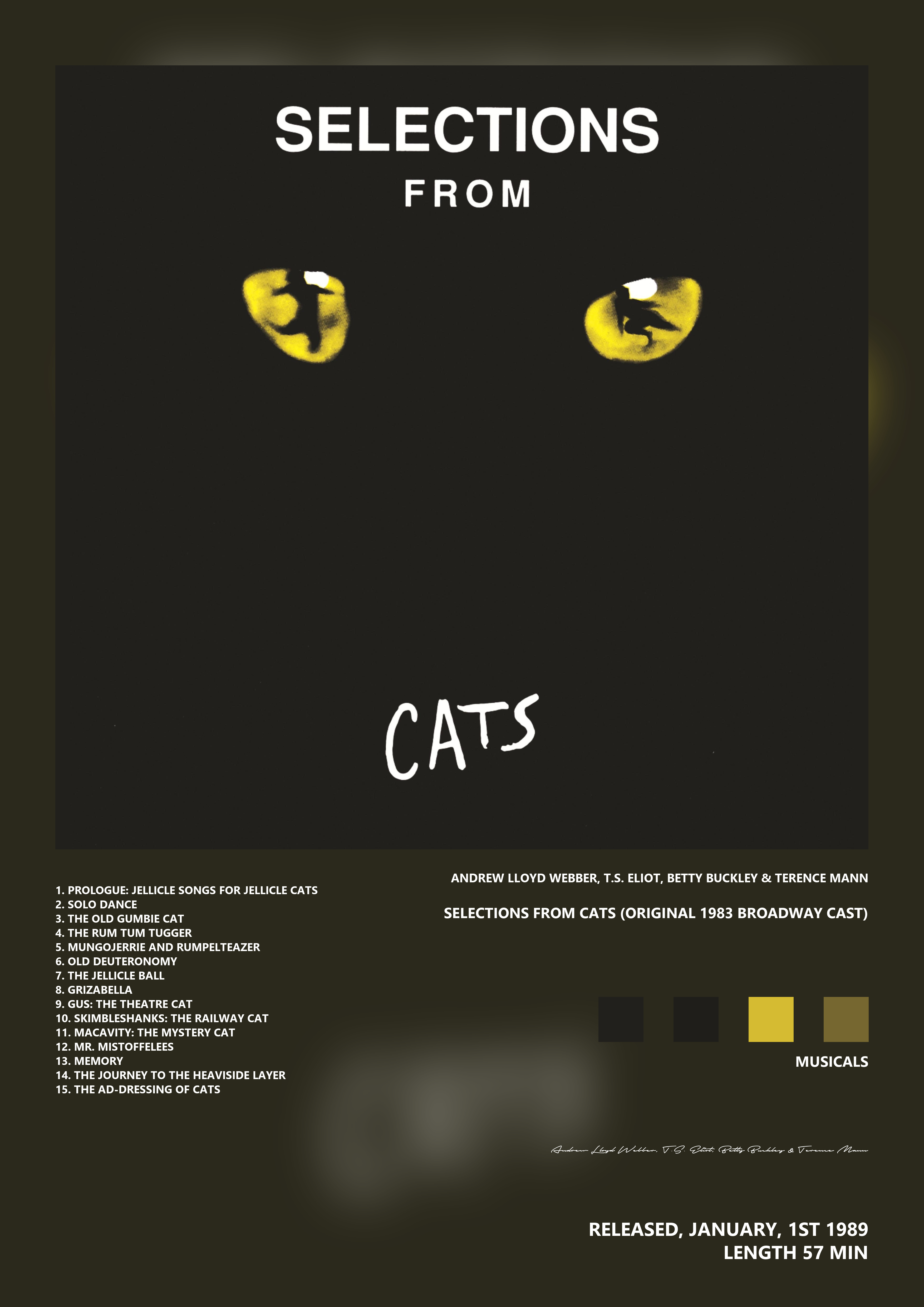 Music poster: Andrew Lloyd Webber TS Eliot Betty Buckley Terence Mann - Selections from Cats Original 1983 Broadway Cast