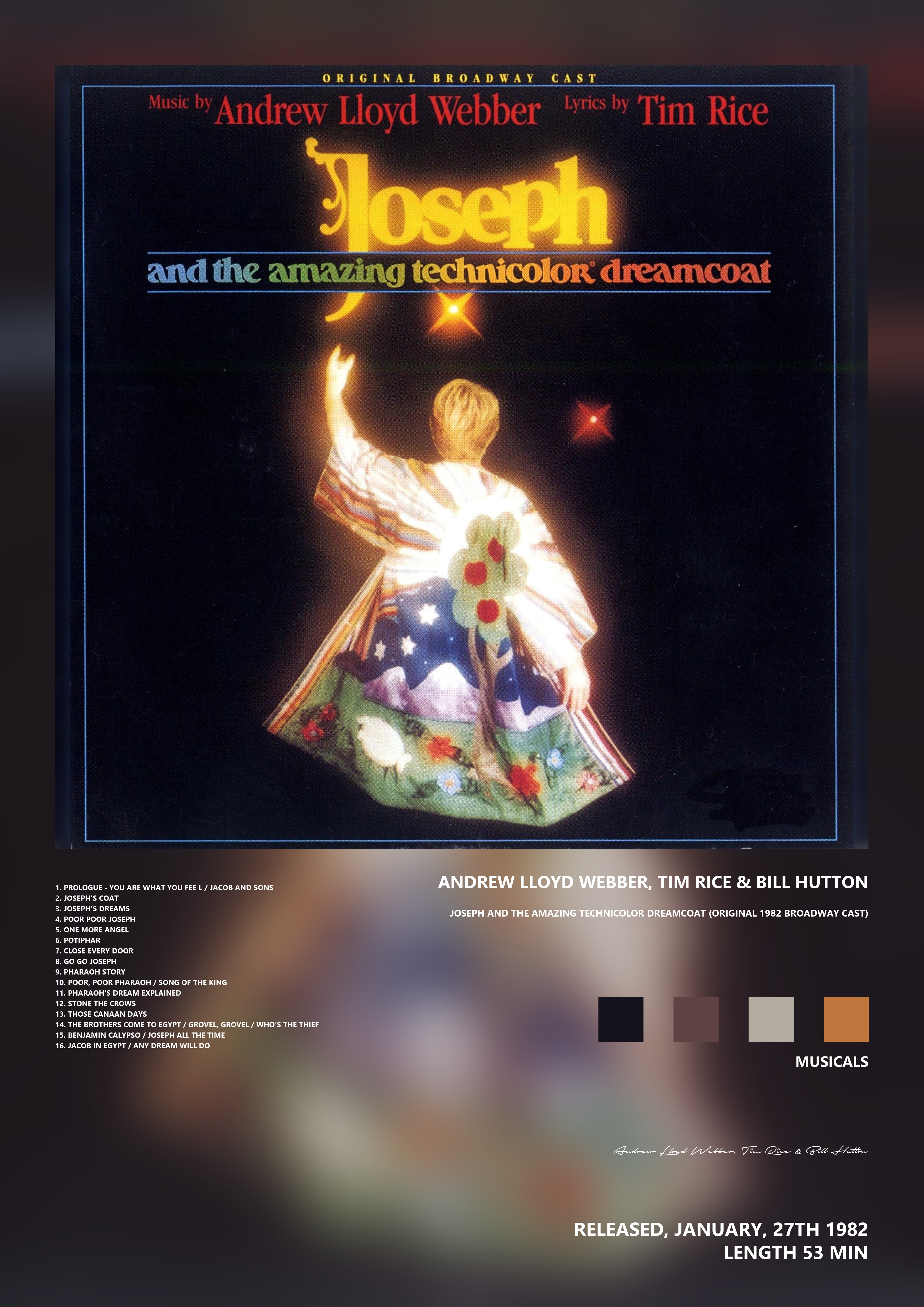 Music poster: Andrew Lloyd Webber Tim Rice Bill Hutton - Joseph and the Amazing Technicolor Dreamcoat Original 1982 Broadway Cast