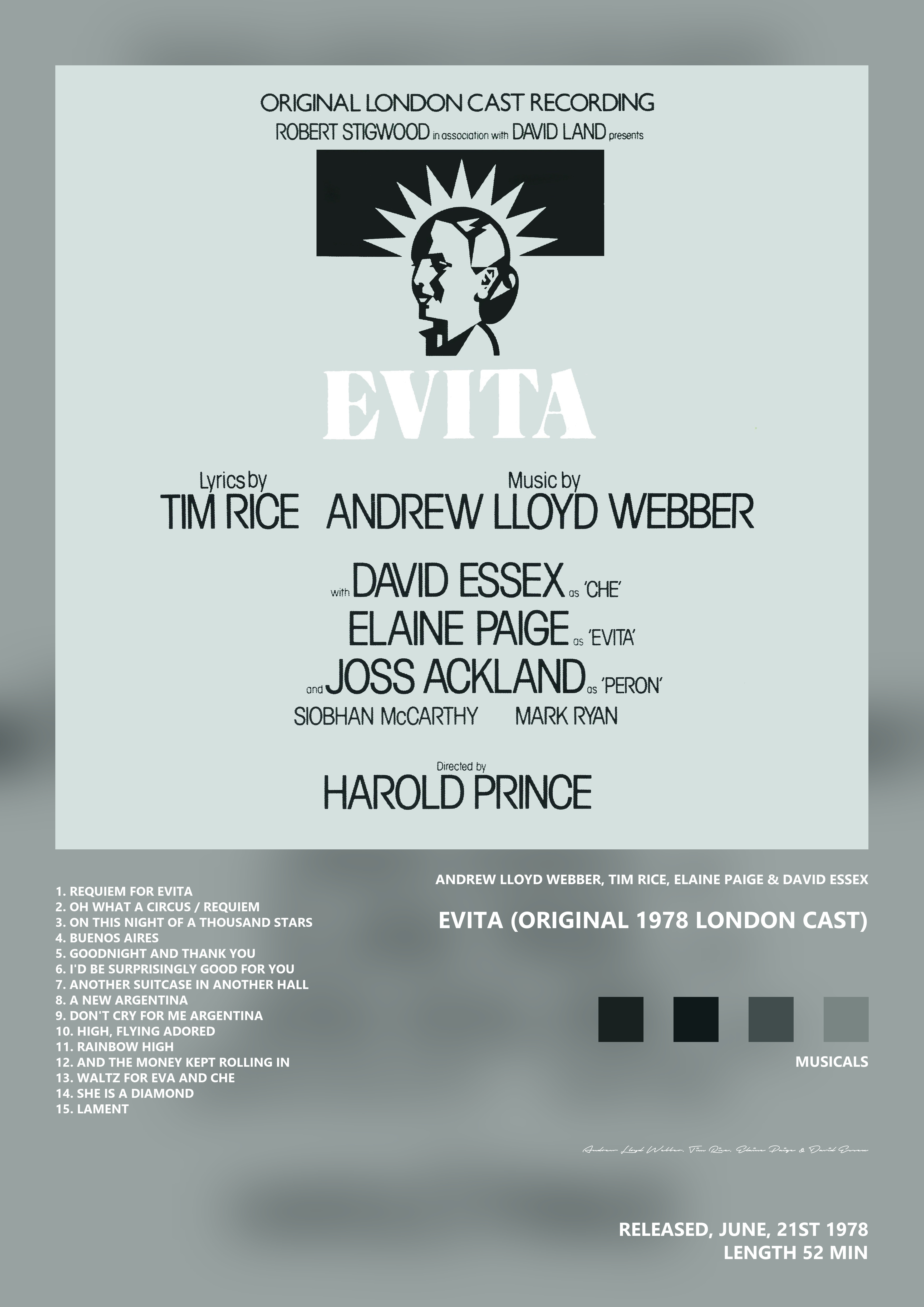 Music poster: Andrew Lloyd Webber Tim Rice Elaine Paige David Essex - Evita Original 1978 London Cast