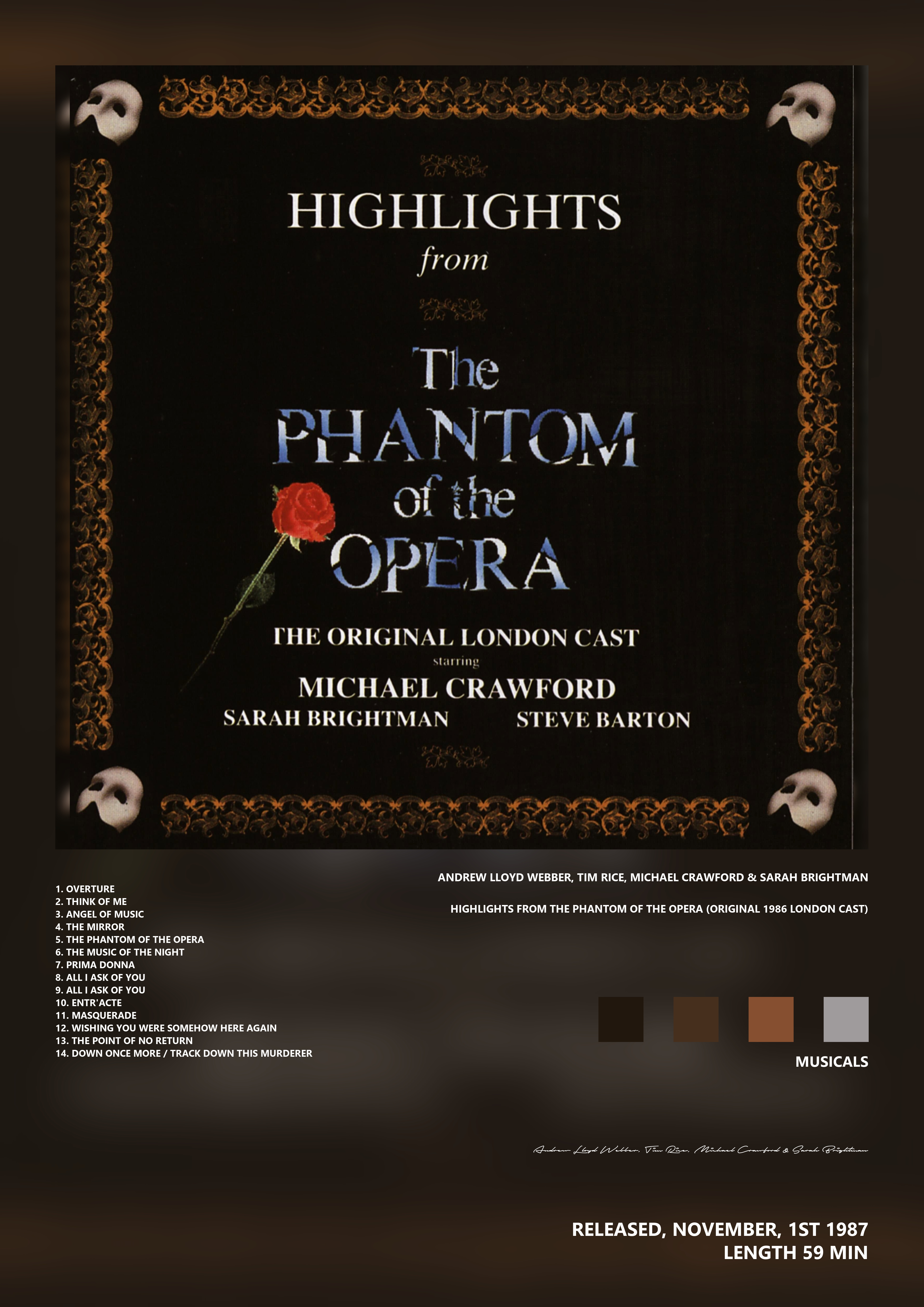 Music poster: Andrew Lloyd Webber Tim Rice Michael Crawford Sarah Brightman - Highlights from the Phantom of the Opera Original 1986 L