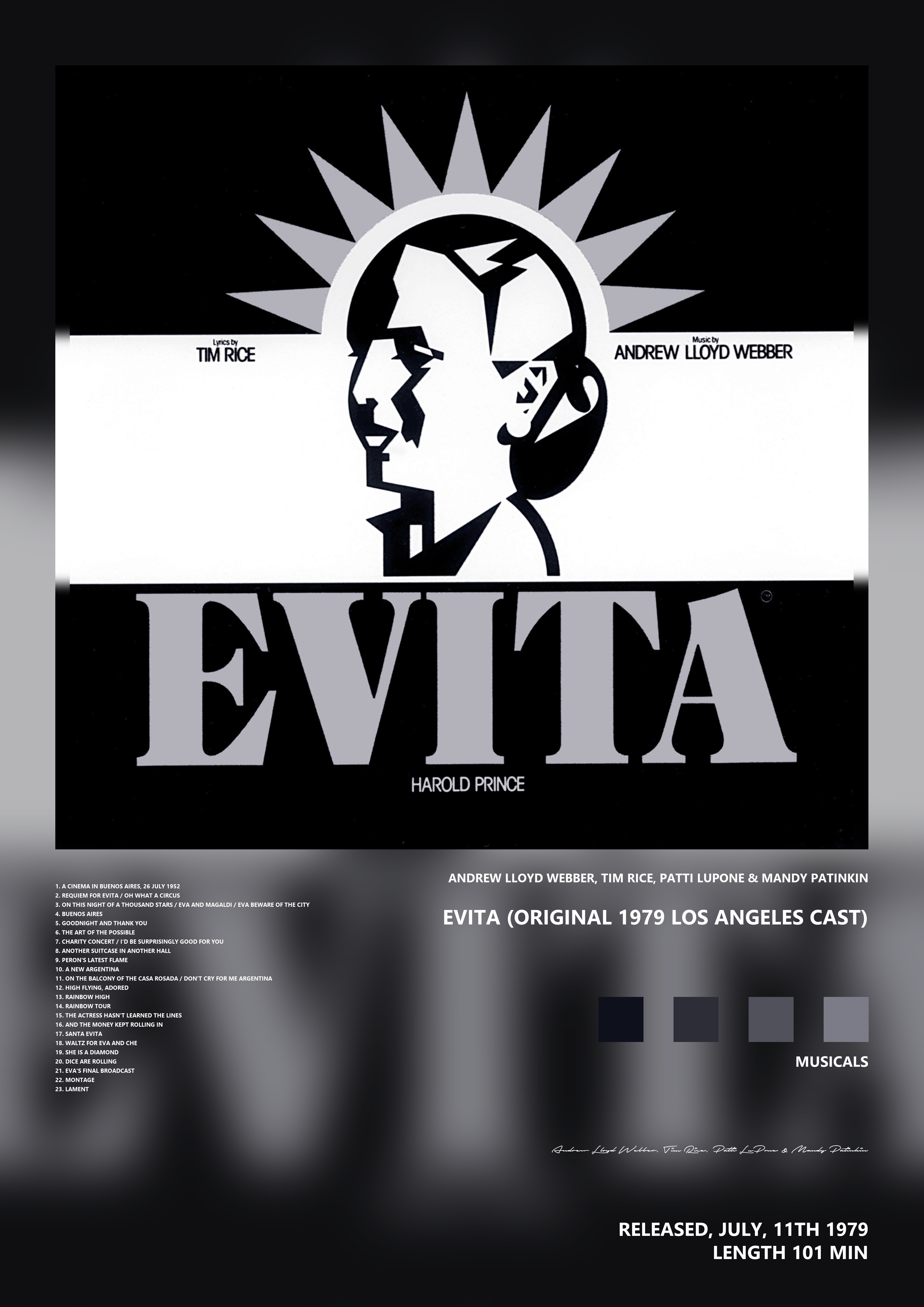 Music poster: Andrew Lloyd Webber Tim Rice Patti LuPone Mandy Patinkin - Evita Original 1979 Los Angeles Cast