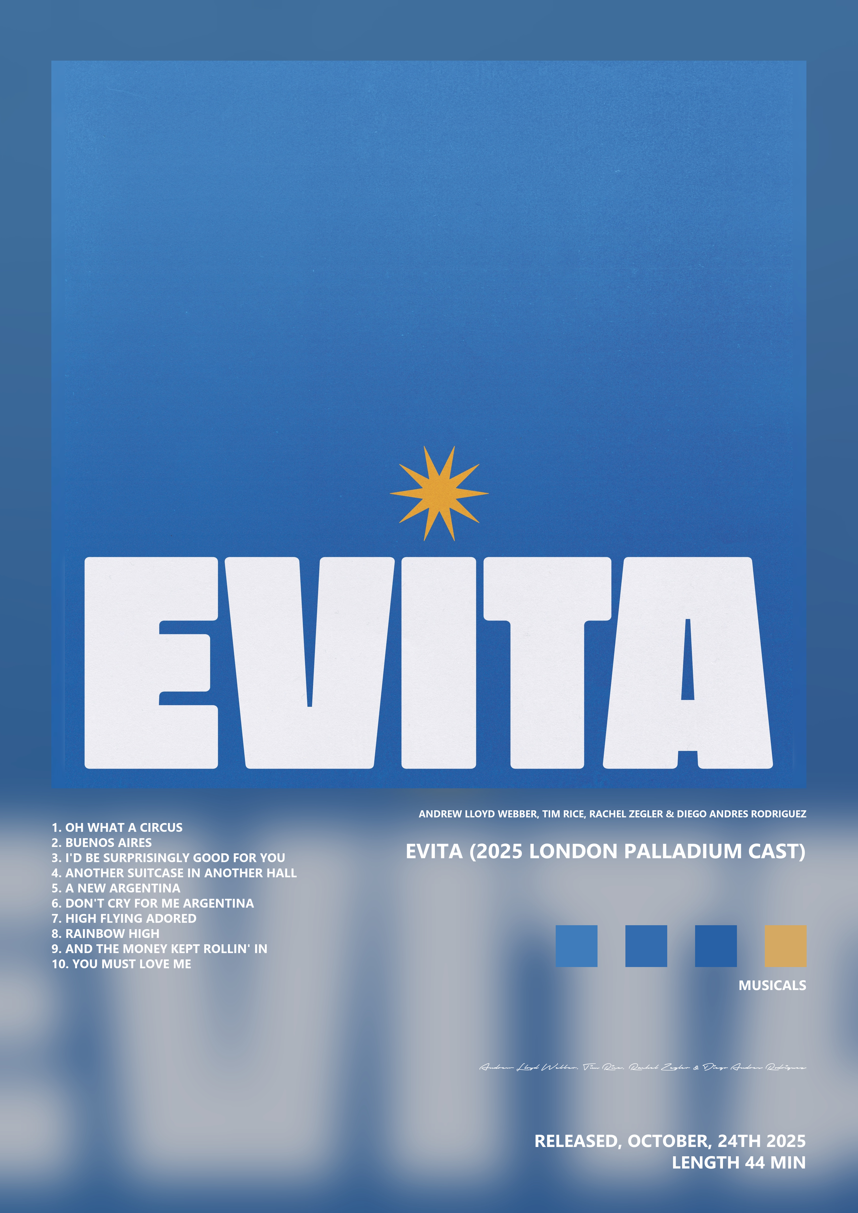 Music poster: Andrew Lloyd Webber Tim Rice Rachel Zegler Diego Andres Rodriguez - Evita 2025 London Palladium Cast