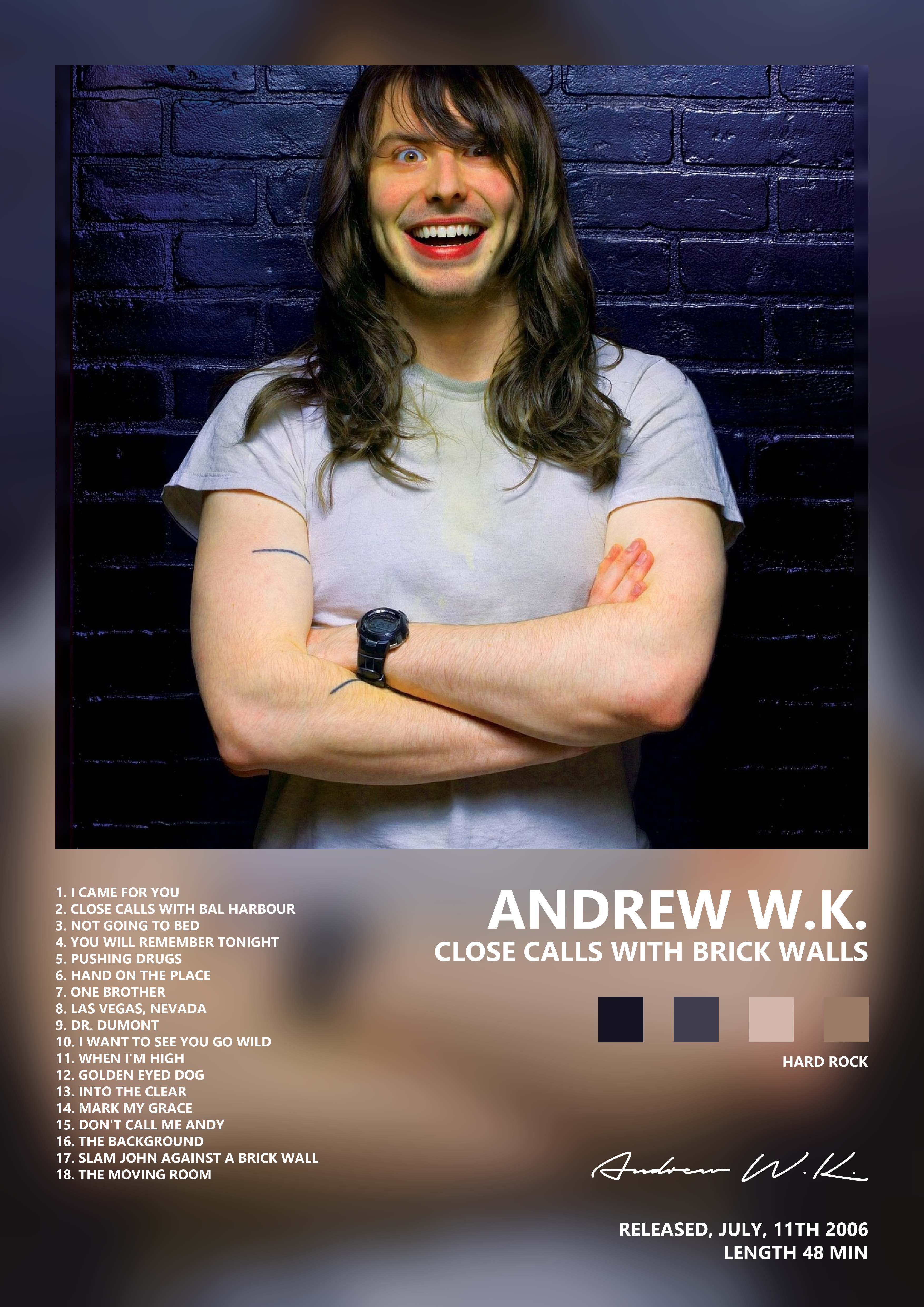 Music poster: Andrew WK - Close Calls With Brick Walls