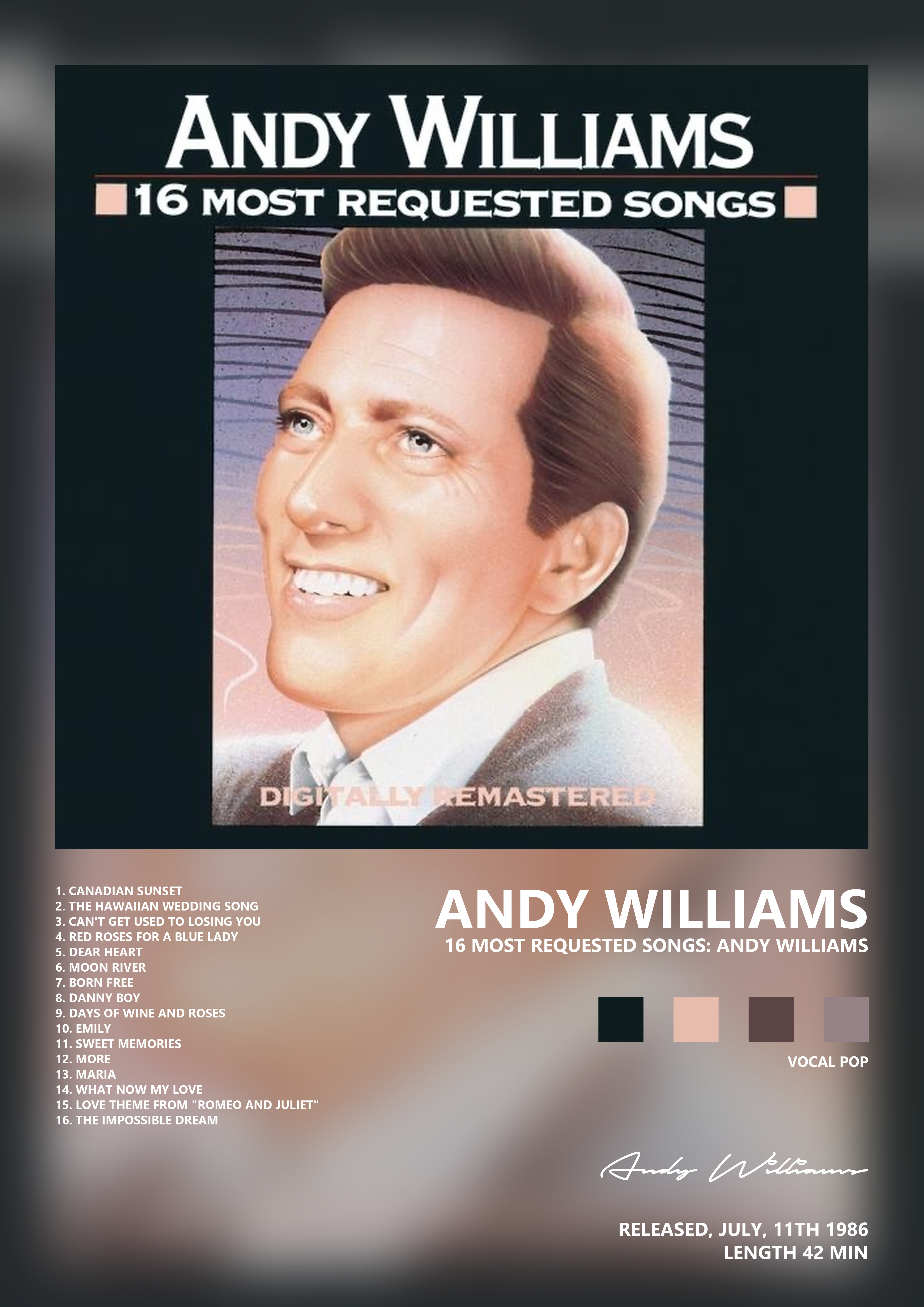 Music poster: Andy Williams - 16 Most Requested Songs Andy Williams