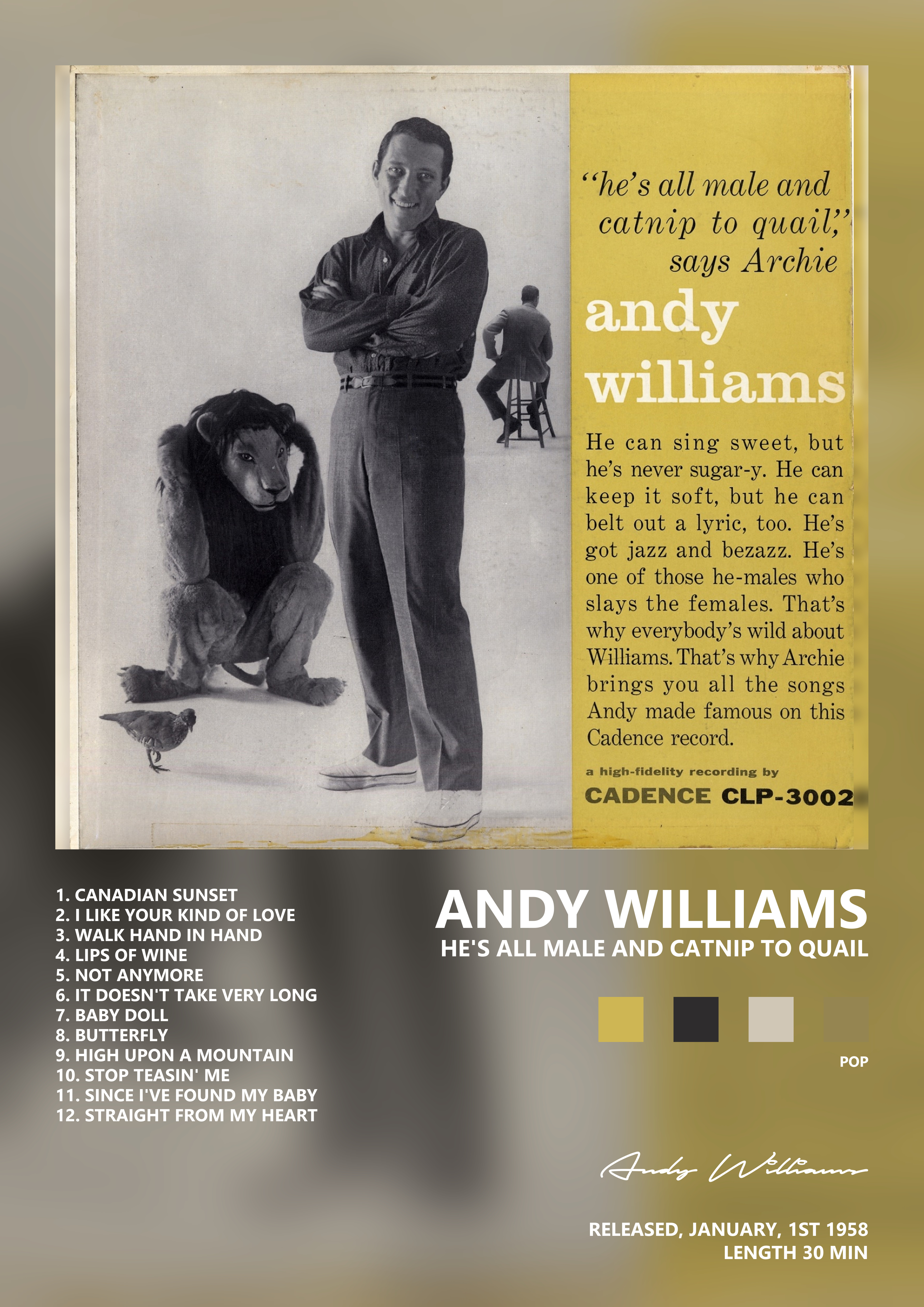 Music poster: Andy Williams - Hes All Male and Catnip To Quail