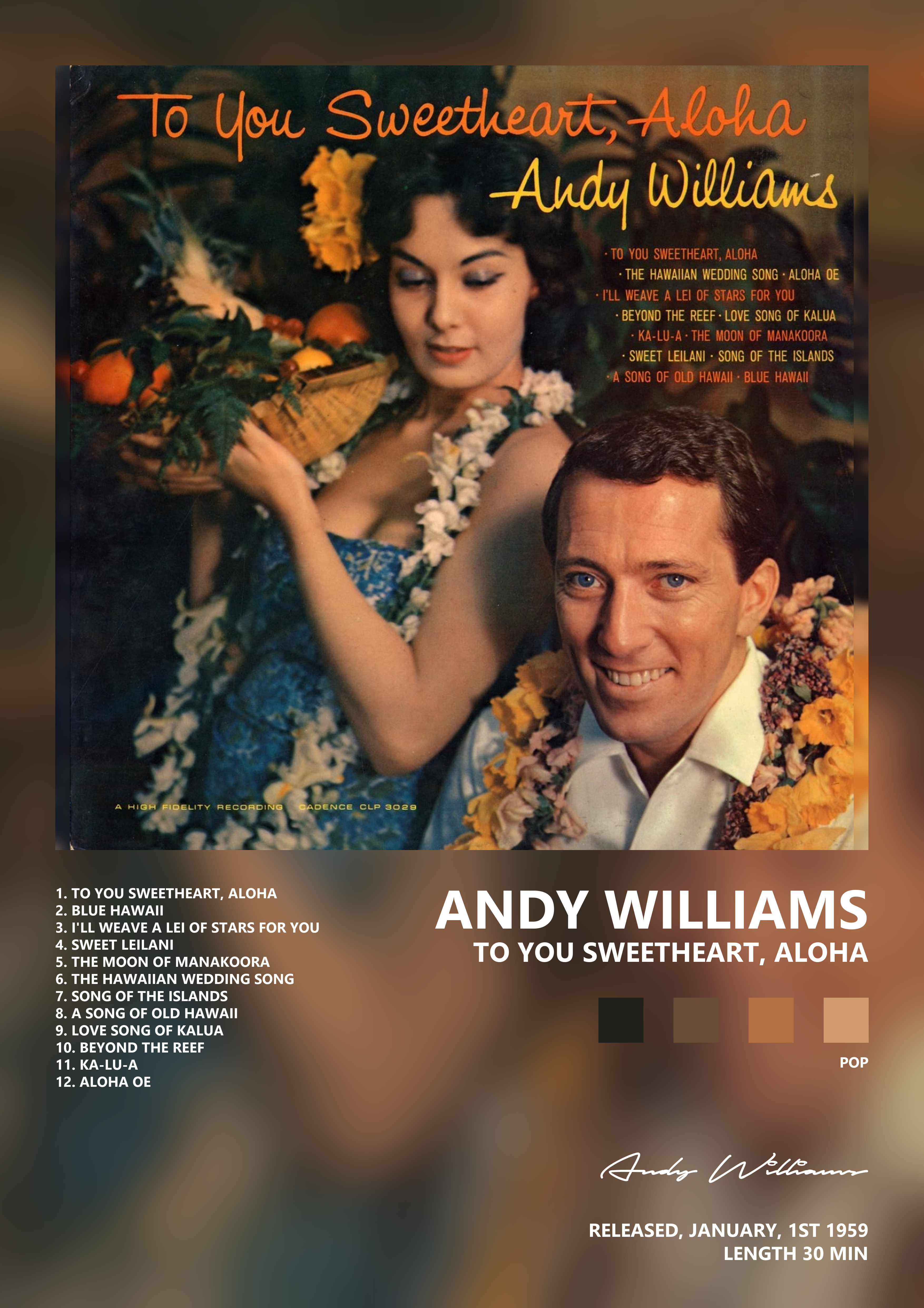 Music poster: Andy Williams - To You Sweetheart Aloha