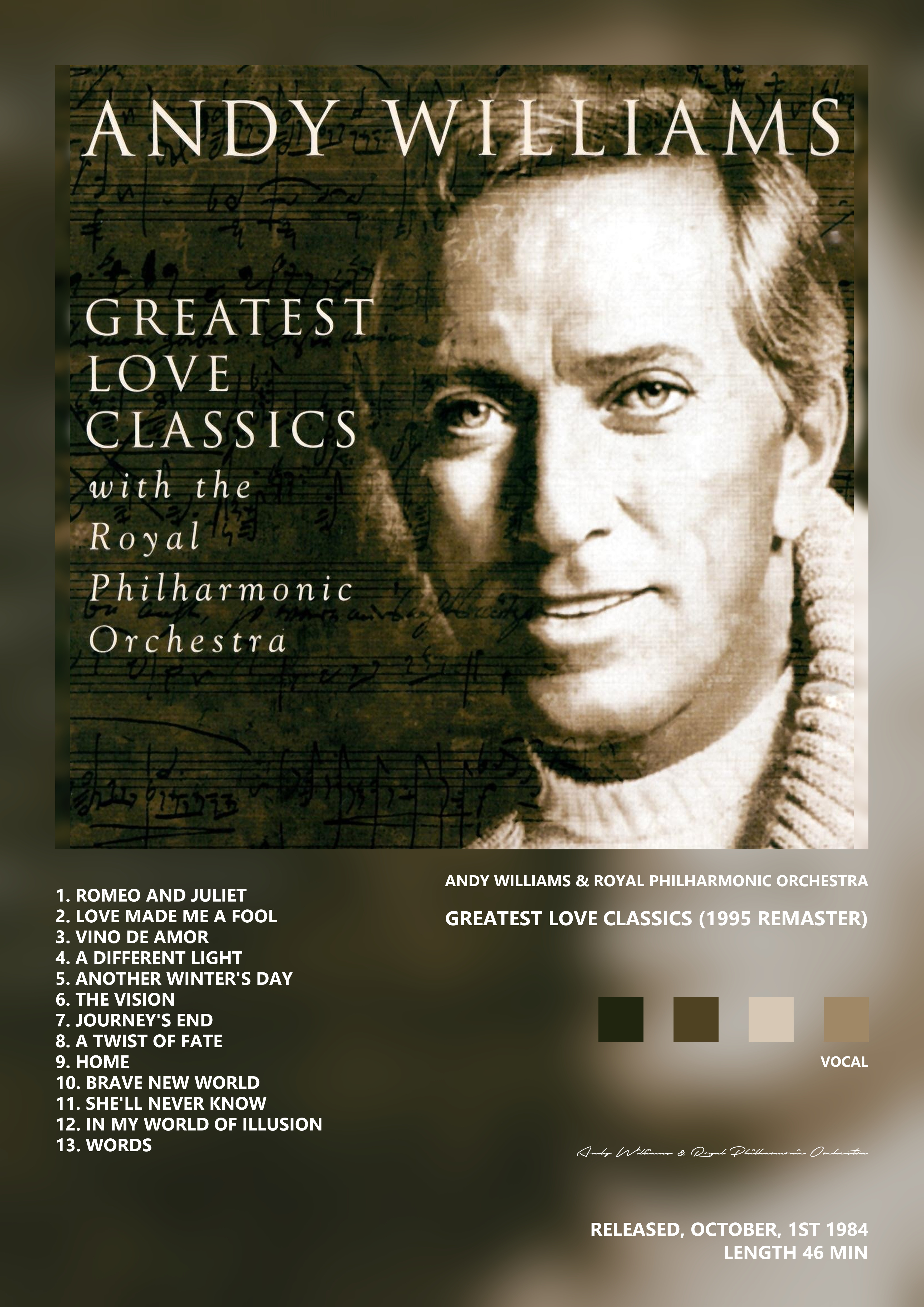 Music poster: Andy Williams Royal Philharmonic Orchestra - Greatest Love Classics 1995 Remaster