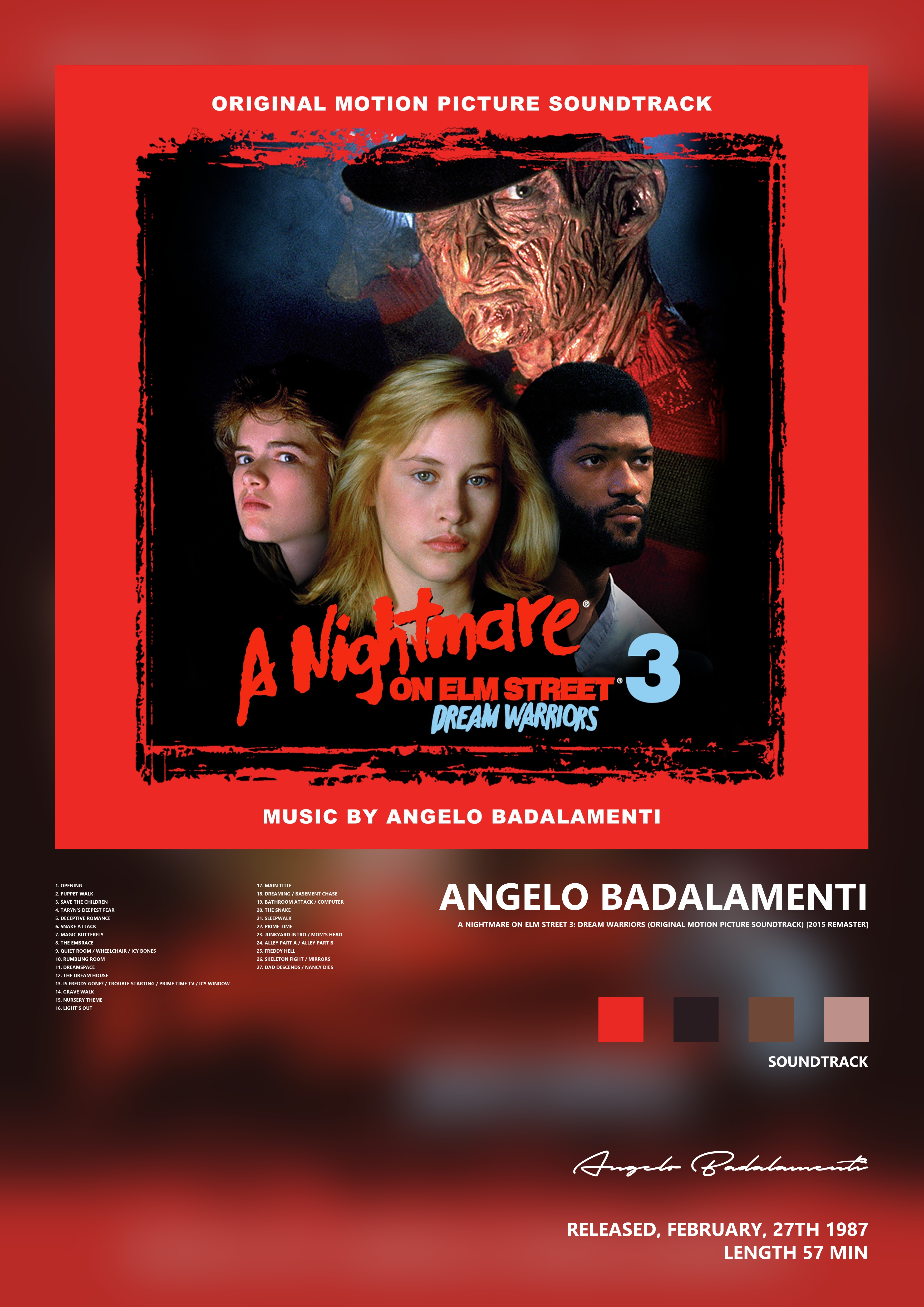 Music poster: Angelo Badalamenti - A Nightmare on Elm Street 3 Dream Warriors Original Motion Picture Soundtrack 2015 Remaster