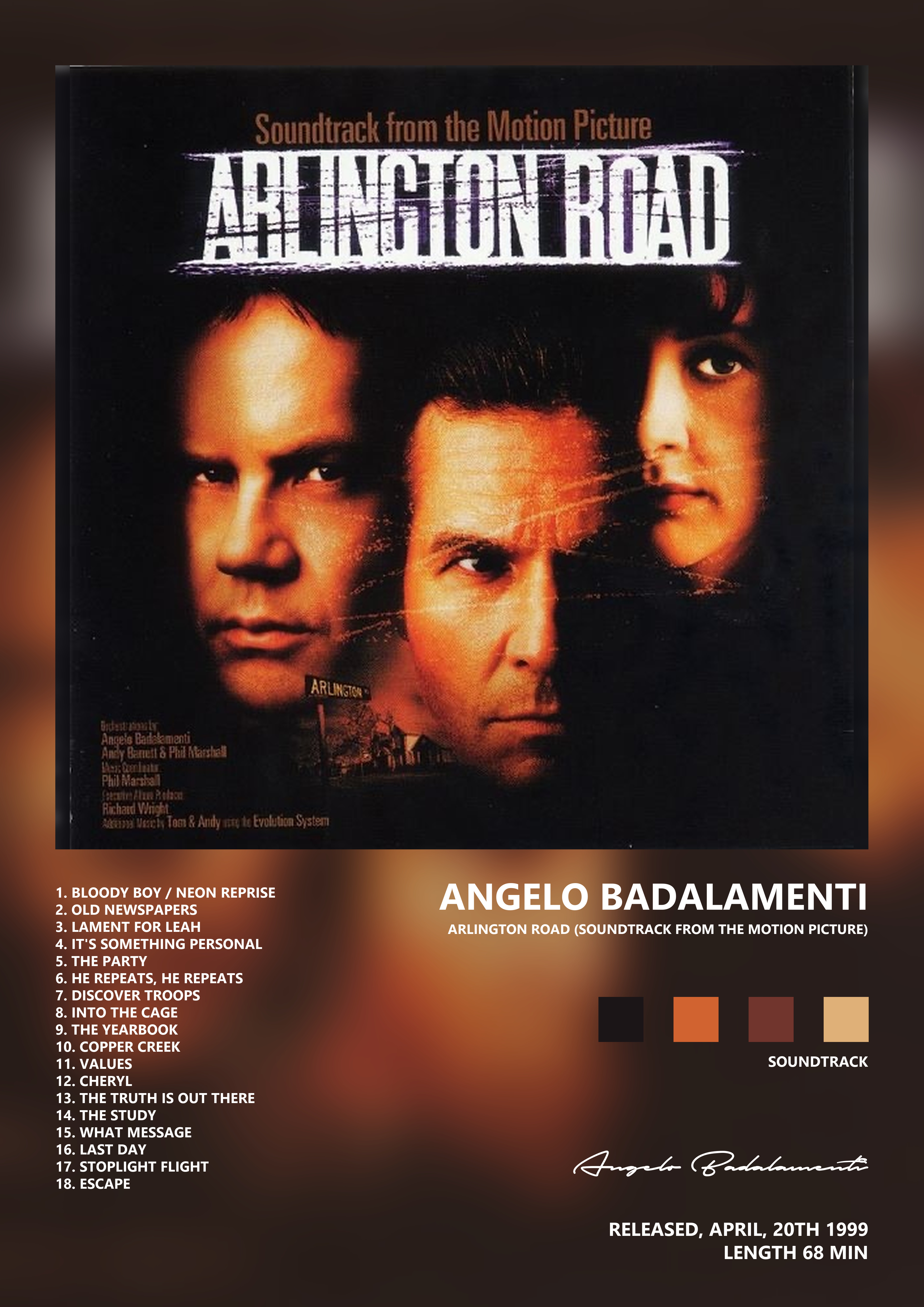 Music poster: Angelo Badalamenti - Arlington Road Soundtrack from the Motion Picture