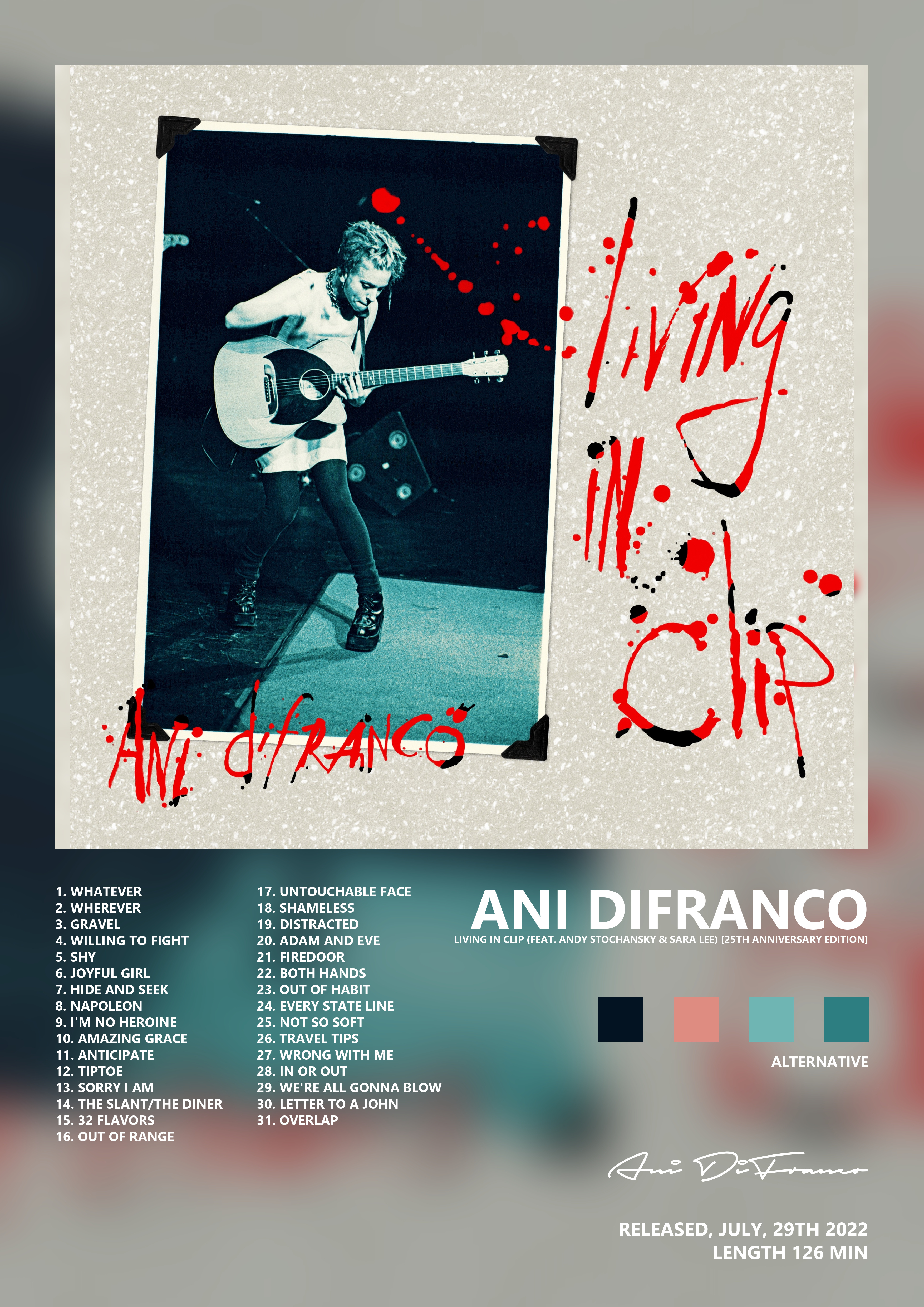 Music poster: Ani DiFranco - Living In Clip feat Andy Stochansky Sara Lee 25th Anniversary Edition