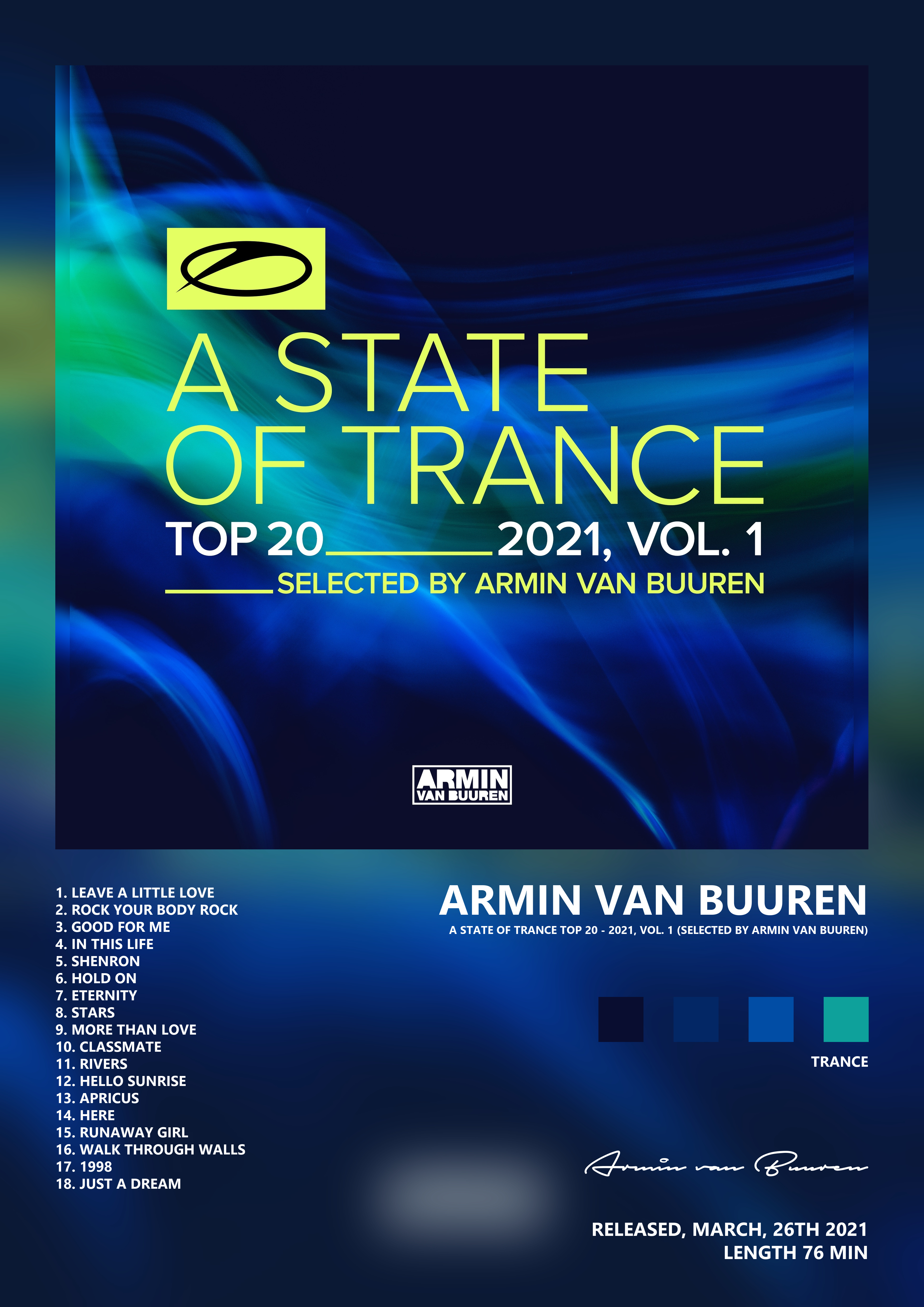 Music poster: Armin van Buuren - A State of Trance Top 20 - 2021 Vol 1 Selected by Armin Van Buuren