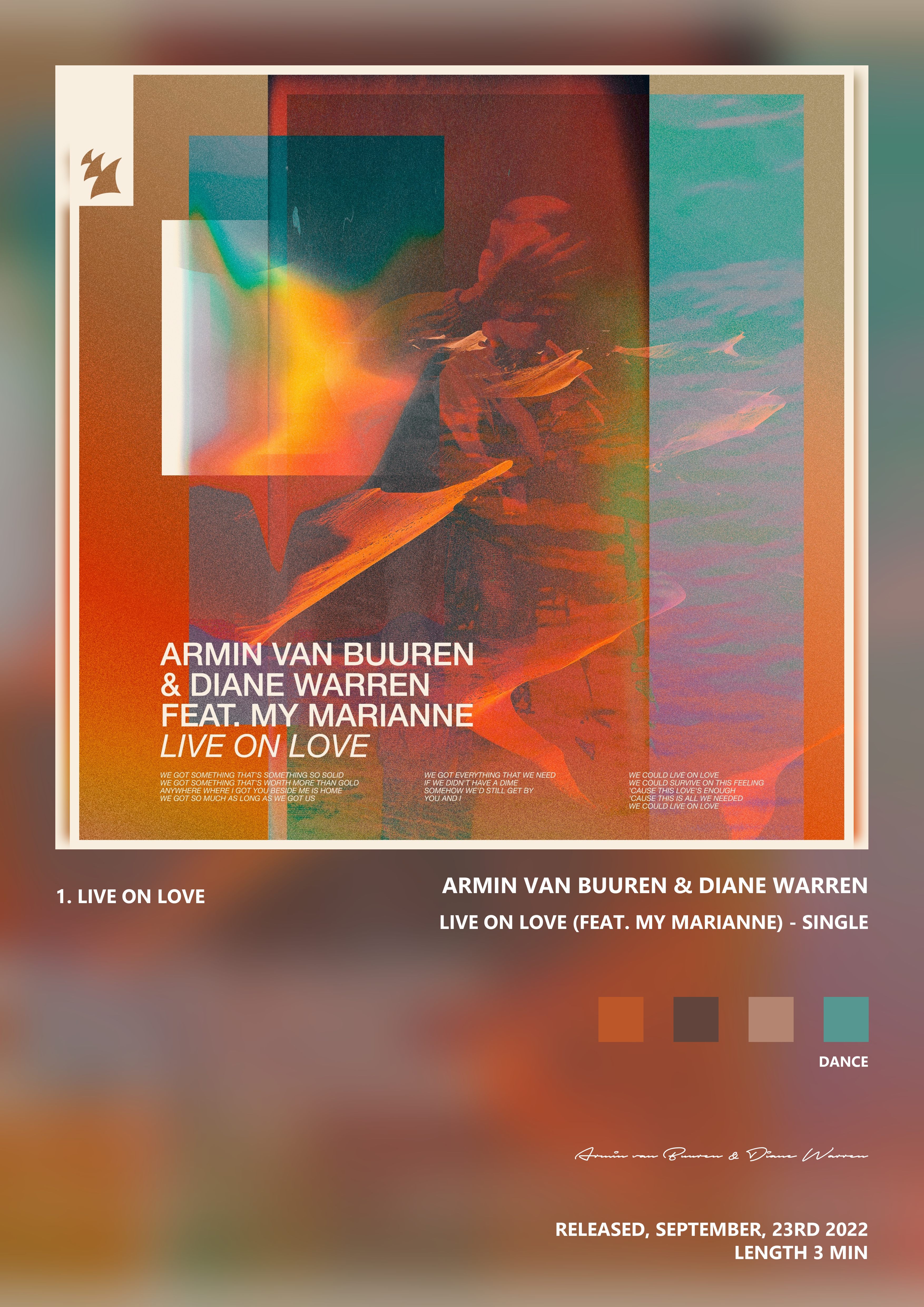 Music poster: Armin van Buuren Diane Warren - Live on Love feat My Marianne - Single
