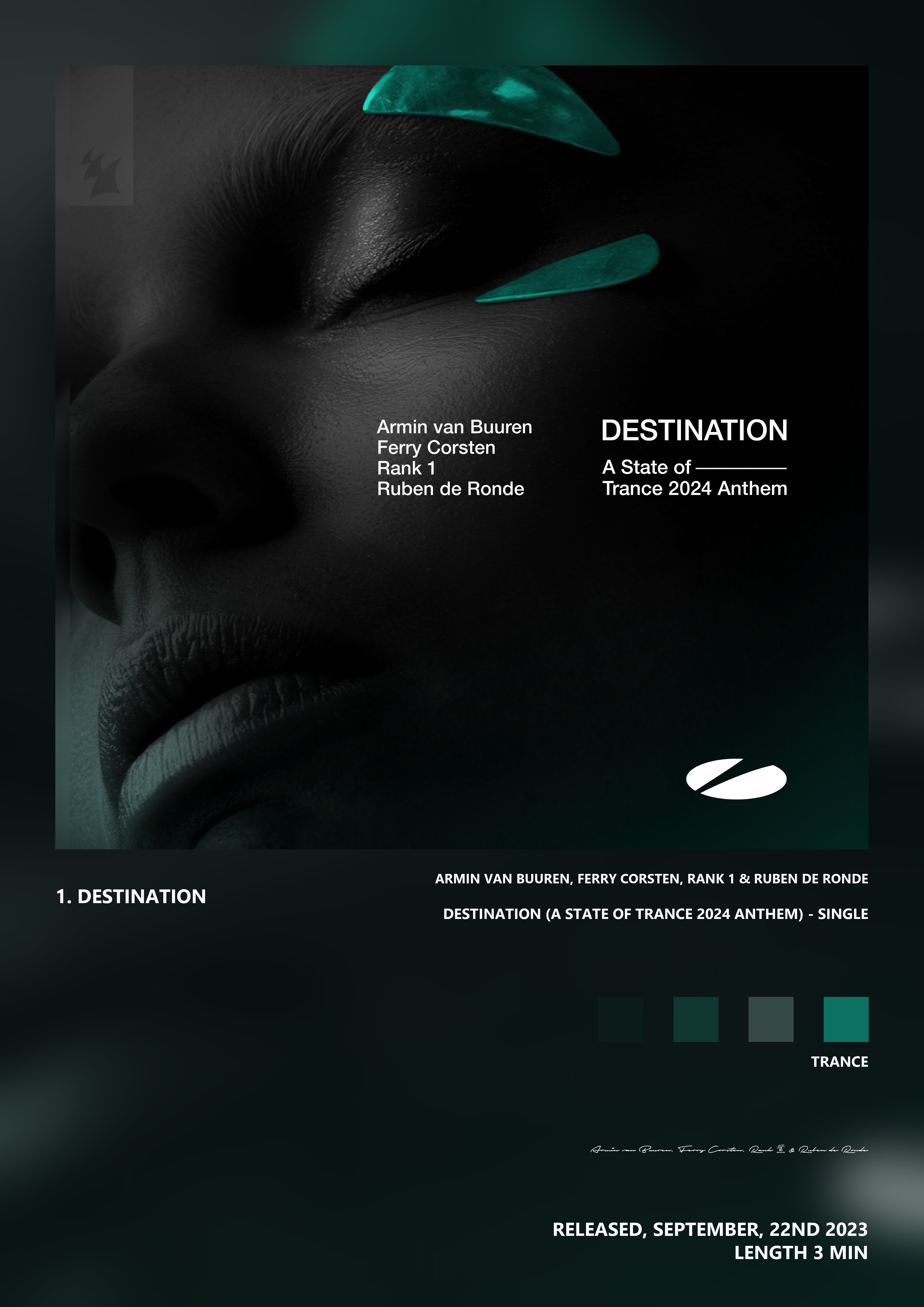 Music poster: Armin van Buuren Ferry Corsten Rank 1 Ruben de Ronde - Destination A State of Trance 2024 Anthem - Single