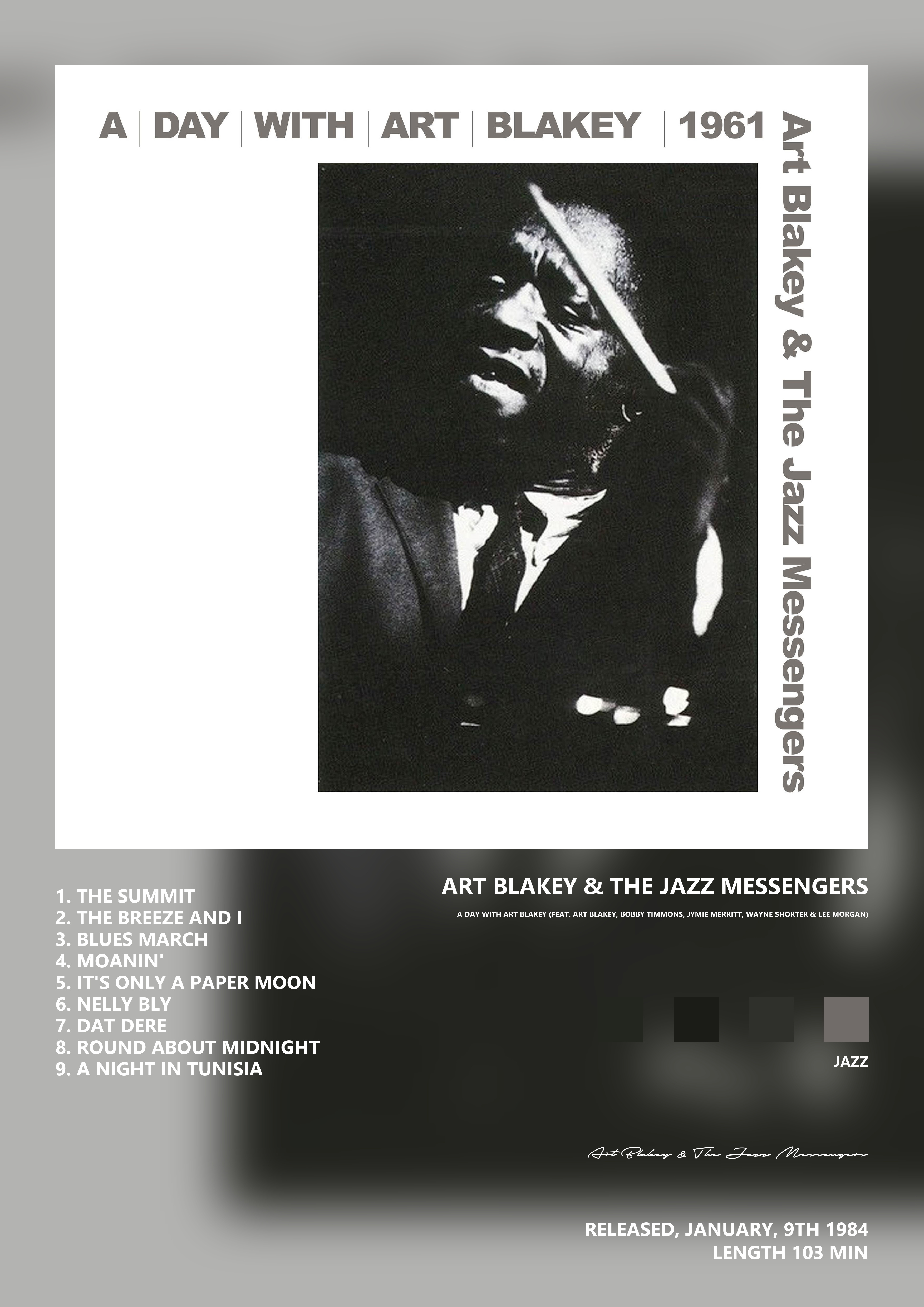 Music poster: Art Blakey The Jazz Messengers - A Day with Art Blakey feat Art Blakey Bobby Timmons Jymie Merritt Wayne Shorter Lee Mor