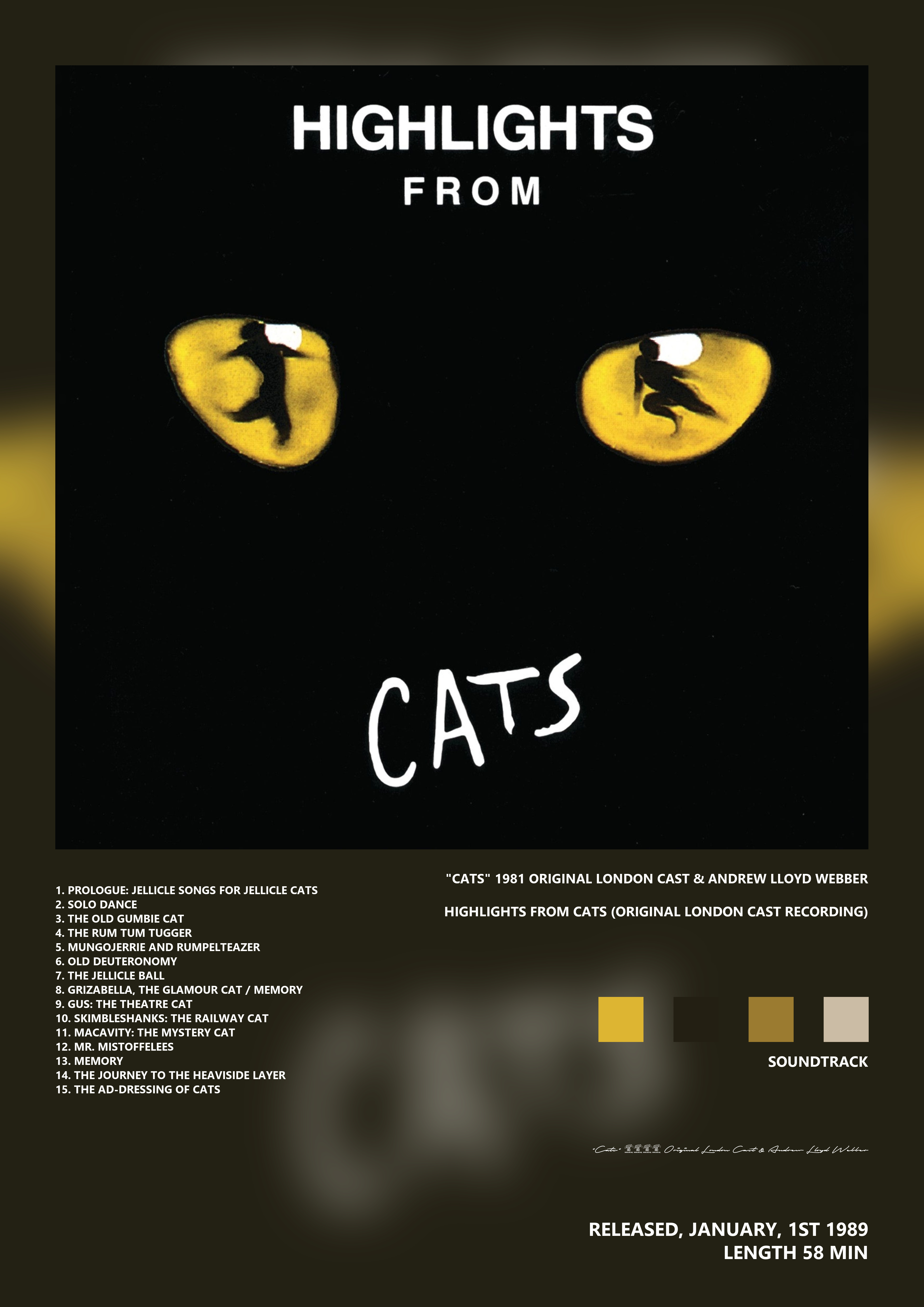 Music poster: Cats 1981 Original London Cast Andrew Lloyd Webber - Highlights from Cats Original London Cast Recording