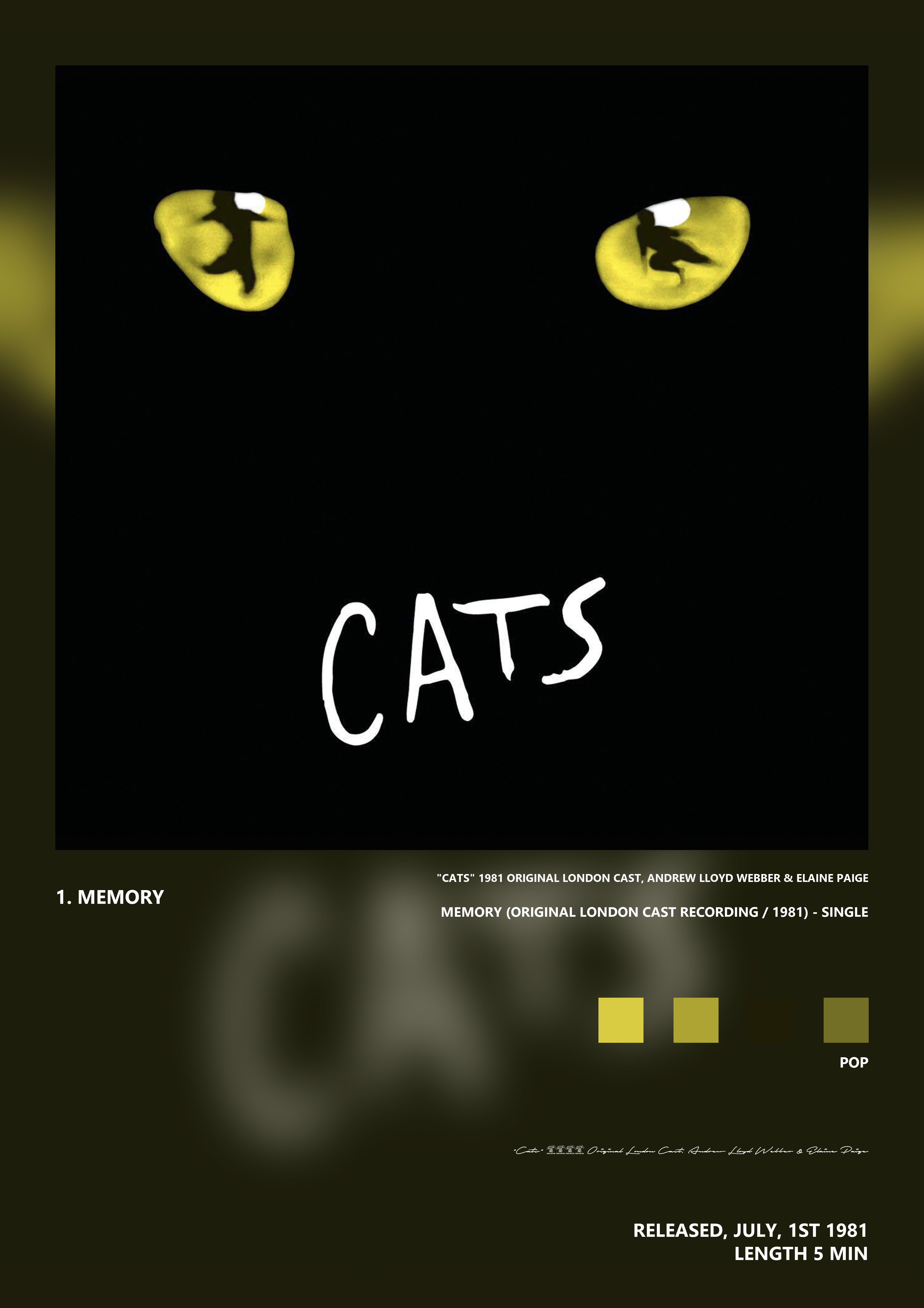 Music poster: Cats 1981 Original London Cast Andrew Lloyd Webber Elaine Paige - Memory Original London Cast Recording 1981 - Single