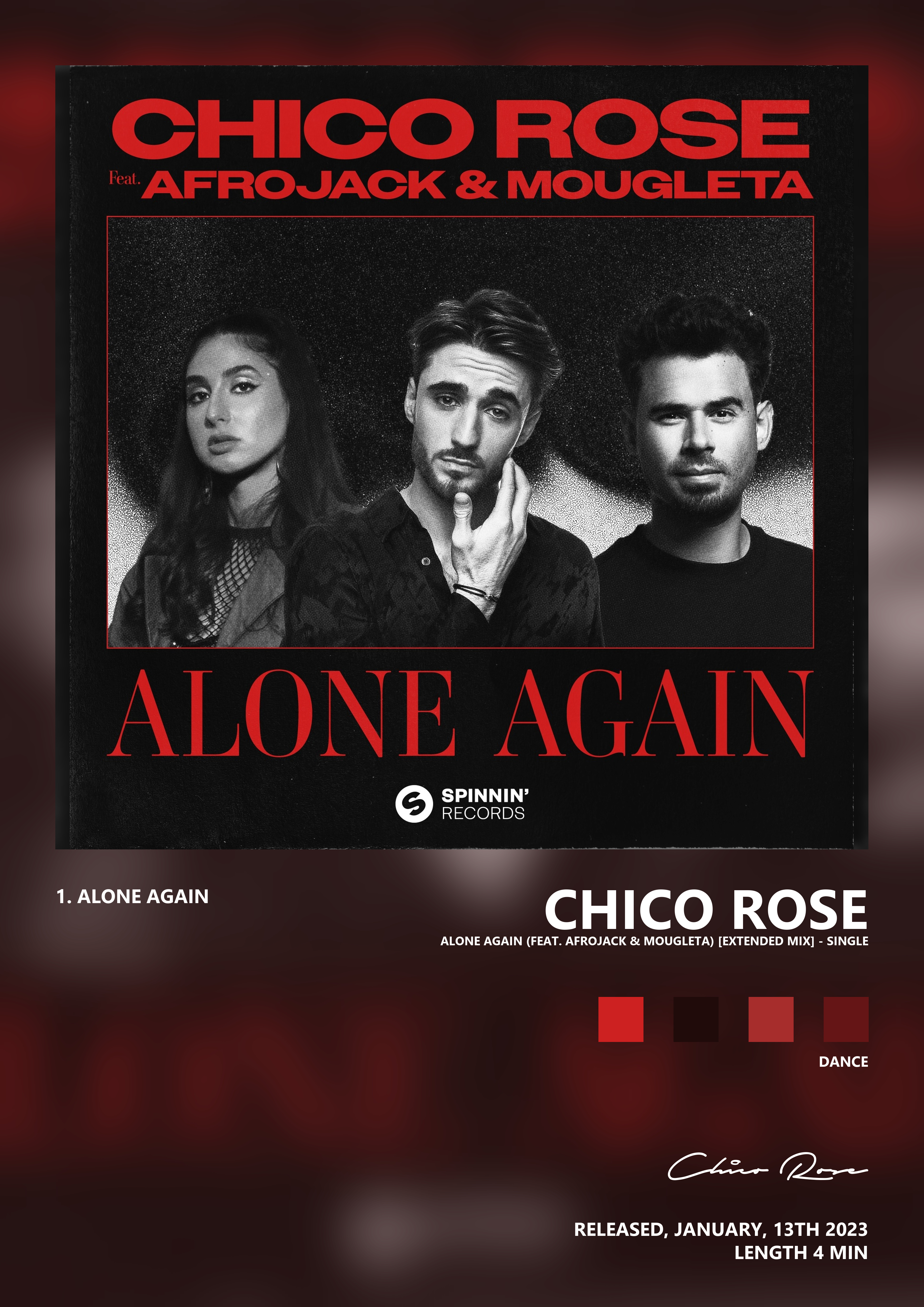 Music poster: Chico Rose - Alone Again feat Afrojack Mougleta Extended Mix - Single