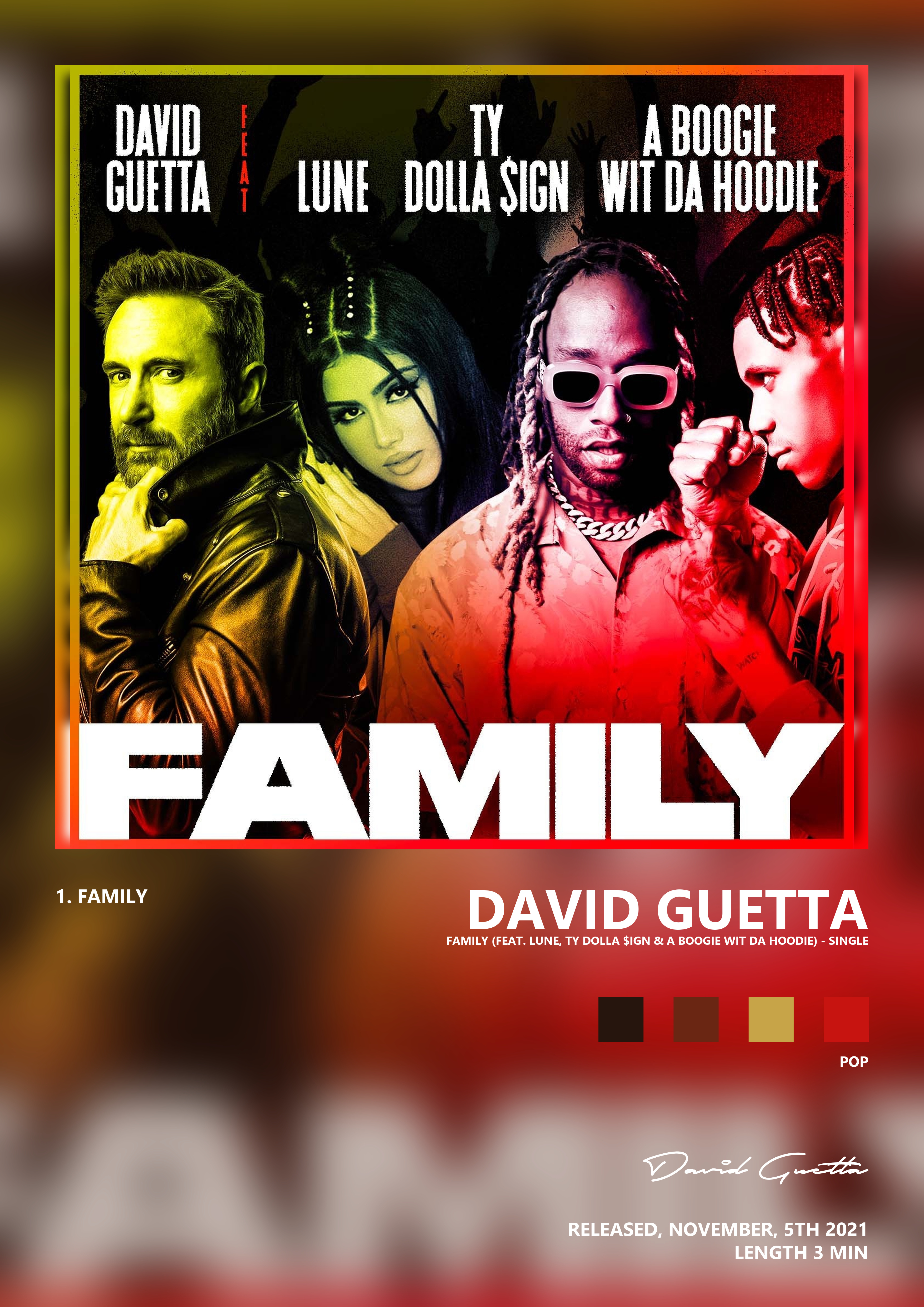 Music poster: David Guetta - Family feat Lune Ty Dolla ign A Boogie Wit da Hoodie - Single