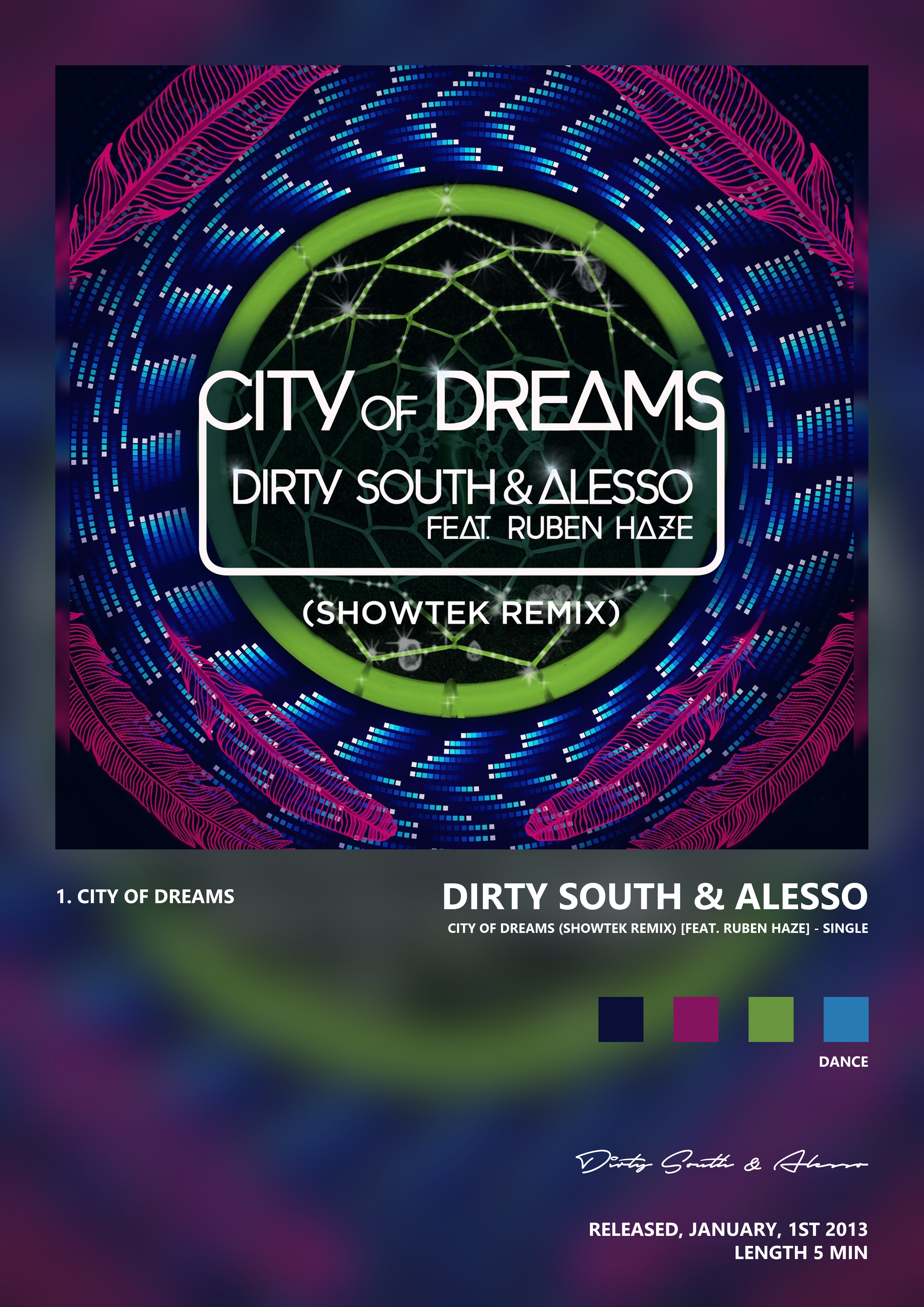 Music poster: Dirty South Alesso - City of Dreams Showtek Remix feat Ruben Haze - Single