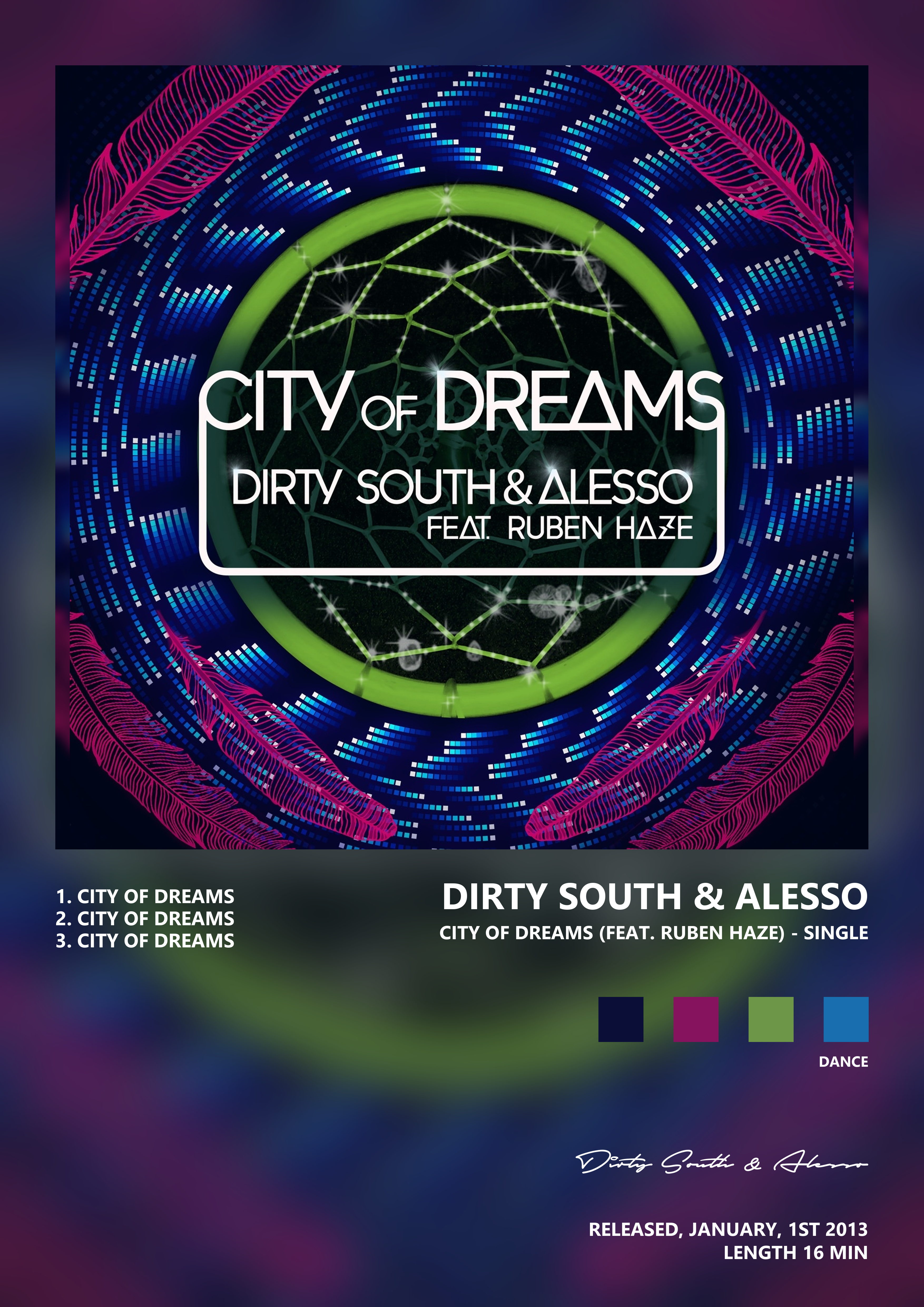 Music poster: Dirty South Alesso - City of Dreams feat Ruben Haze - Single