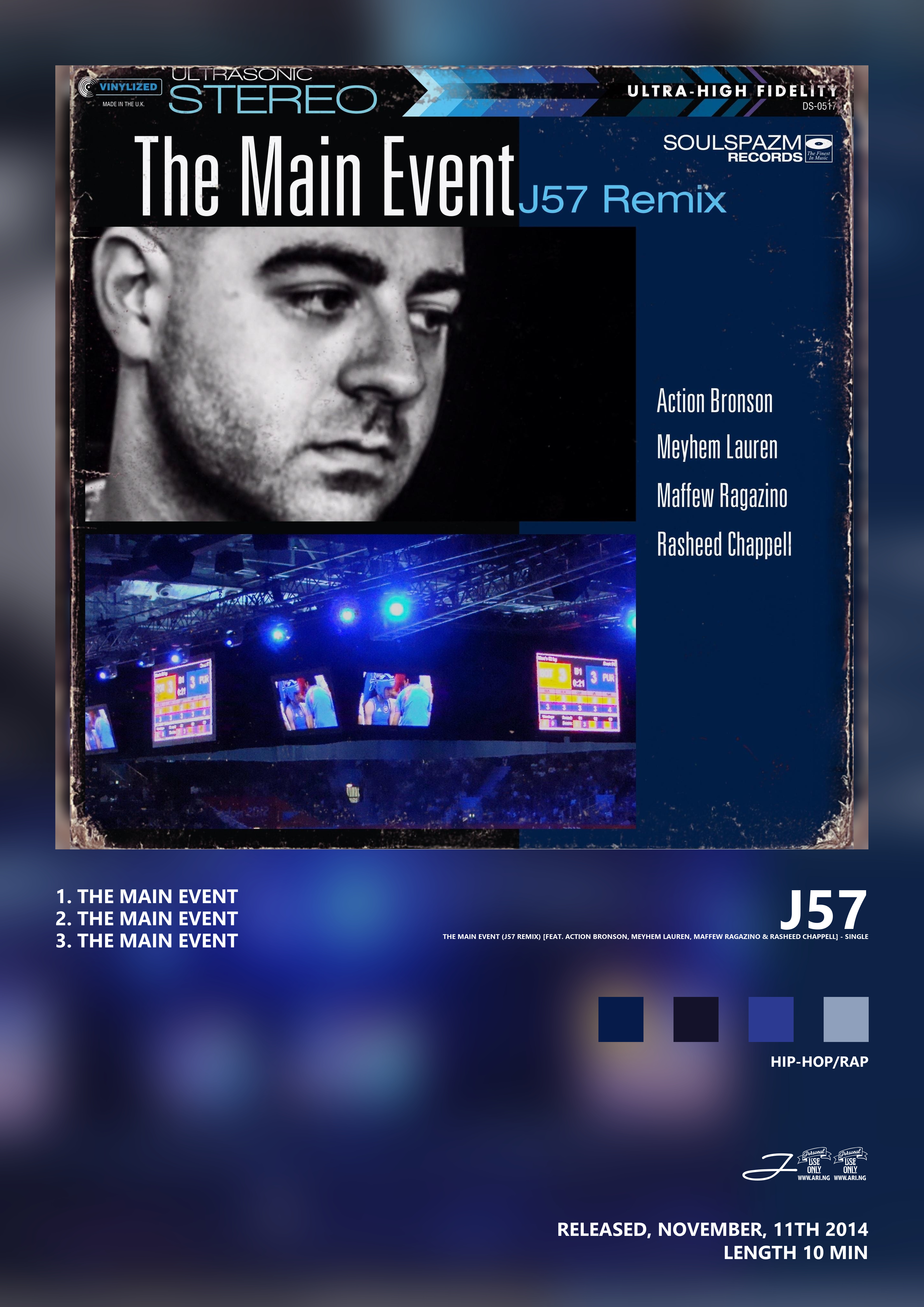 Music poster: J57 - The Main Event J57 Remix feat Action Bronson Meyhem Lauren Maffew Ragazino Rasheed Chappell - Single