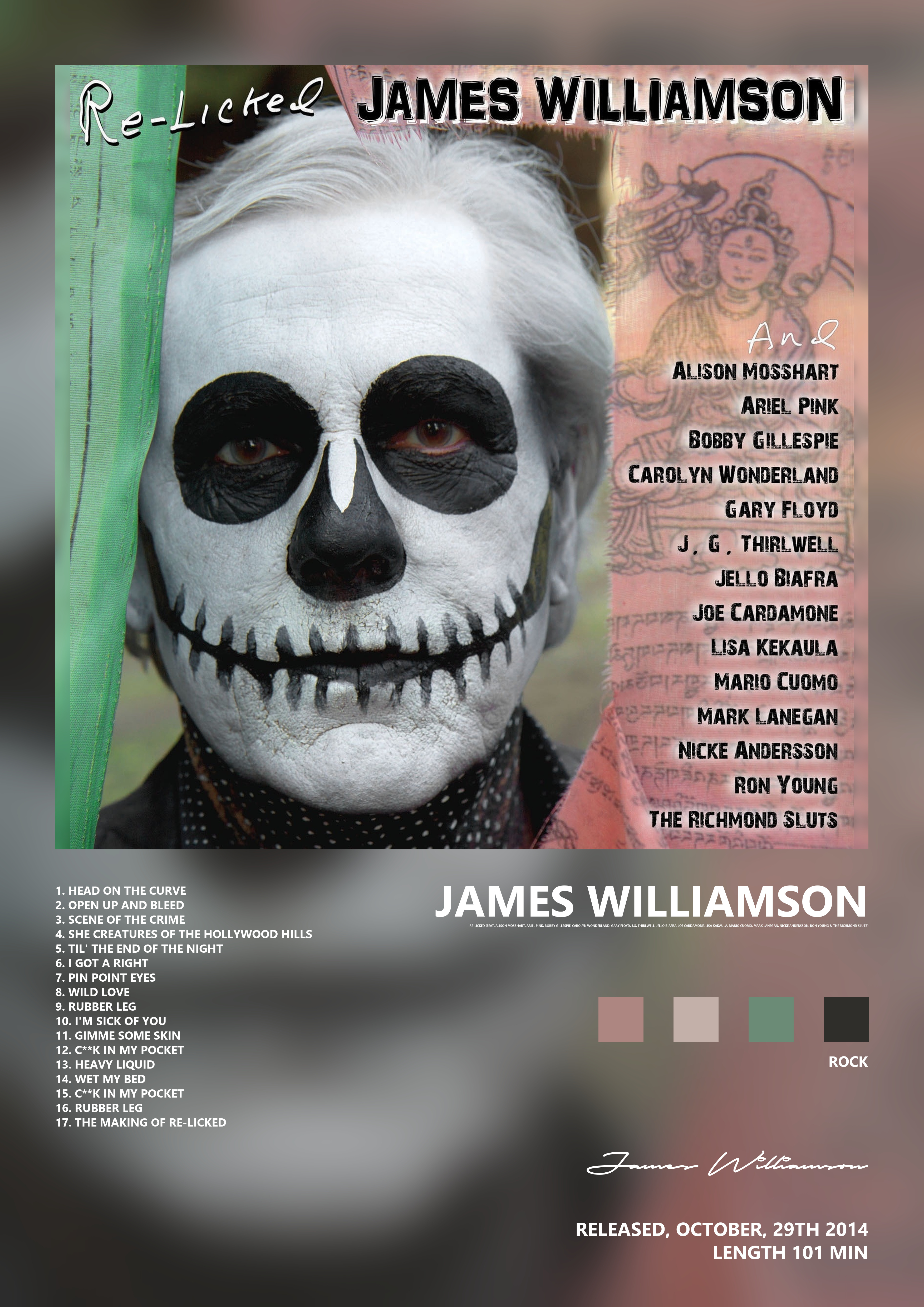 Music poster: James Williamson - Re-Licked feat Alison Mosshart Ariel Pink Bobby Gillespie Carolyn Wonderland Gary Floyd JG Thirlwell