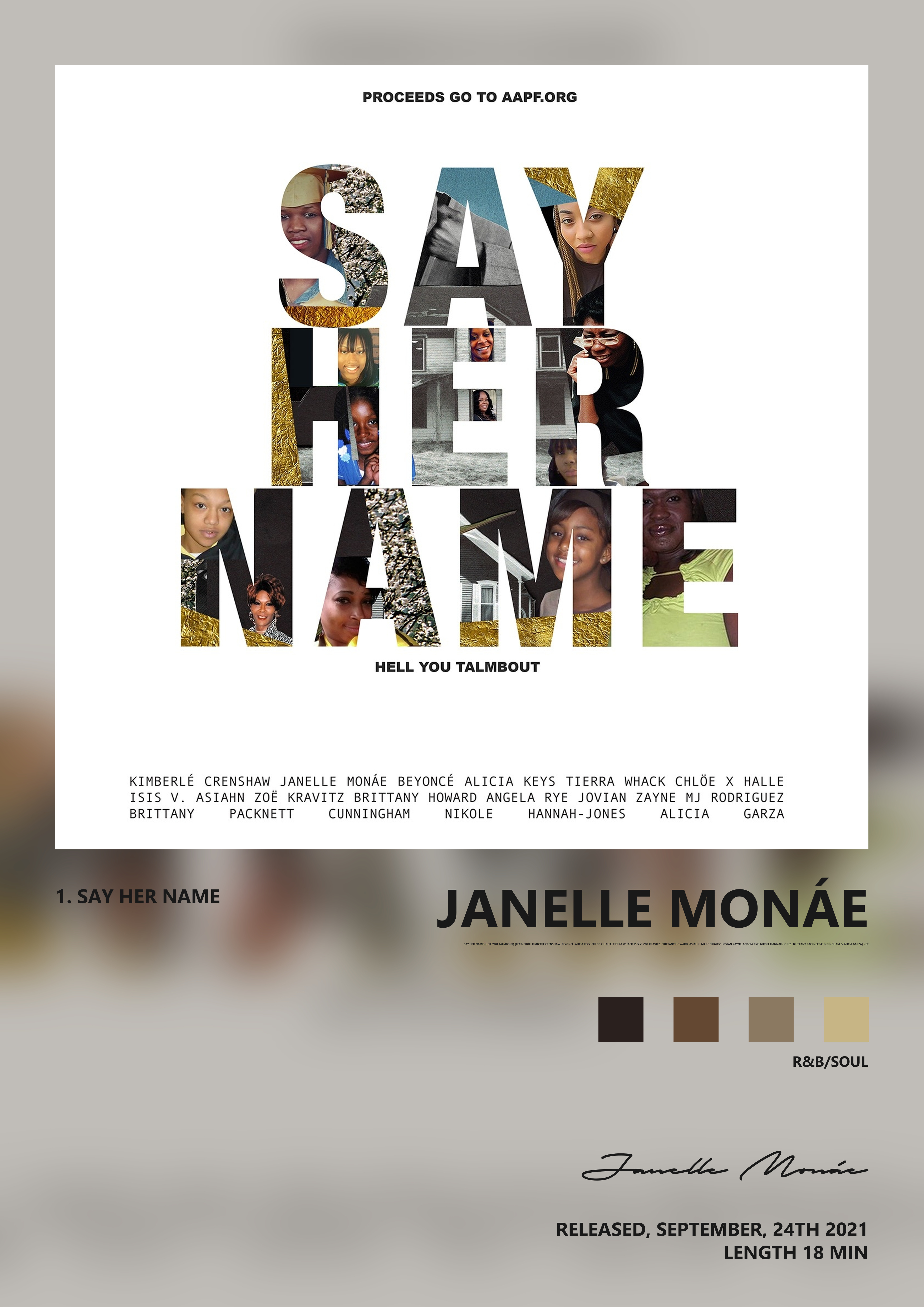 Music poster: Janelle Monáe - Say Her Name Hell You Talmbout feat Prof Kimberlé Crenshaw Beyoncé Alicia Keys Chloe x Halle Tierra Whac