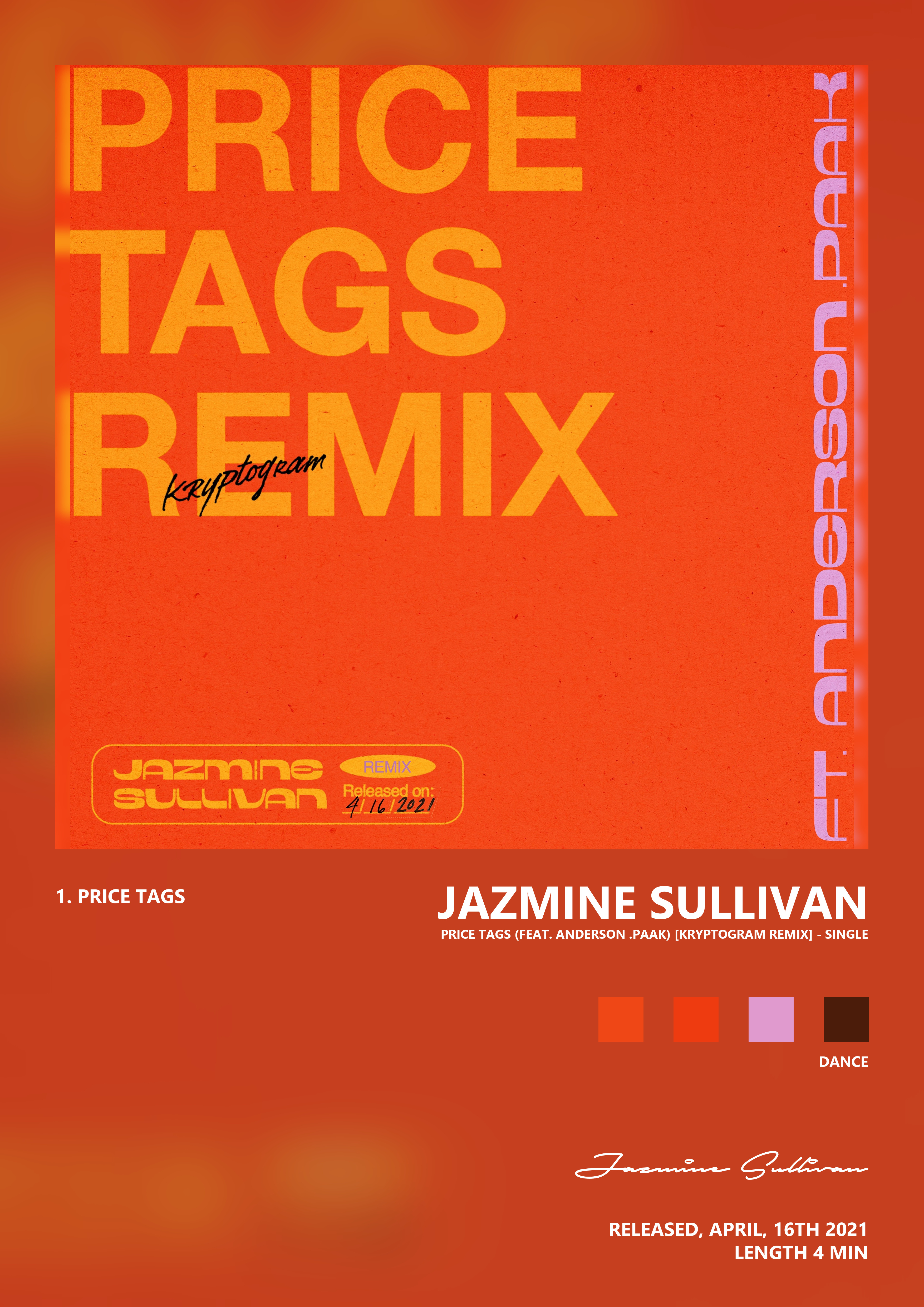 Music poster: Jazmine Sullivan - Price Tags feat Anderson Paak kryptogram Remix - Single