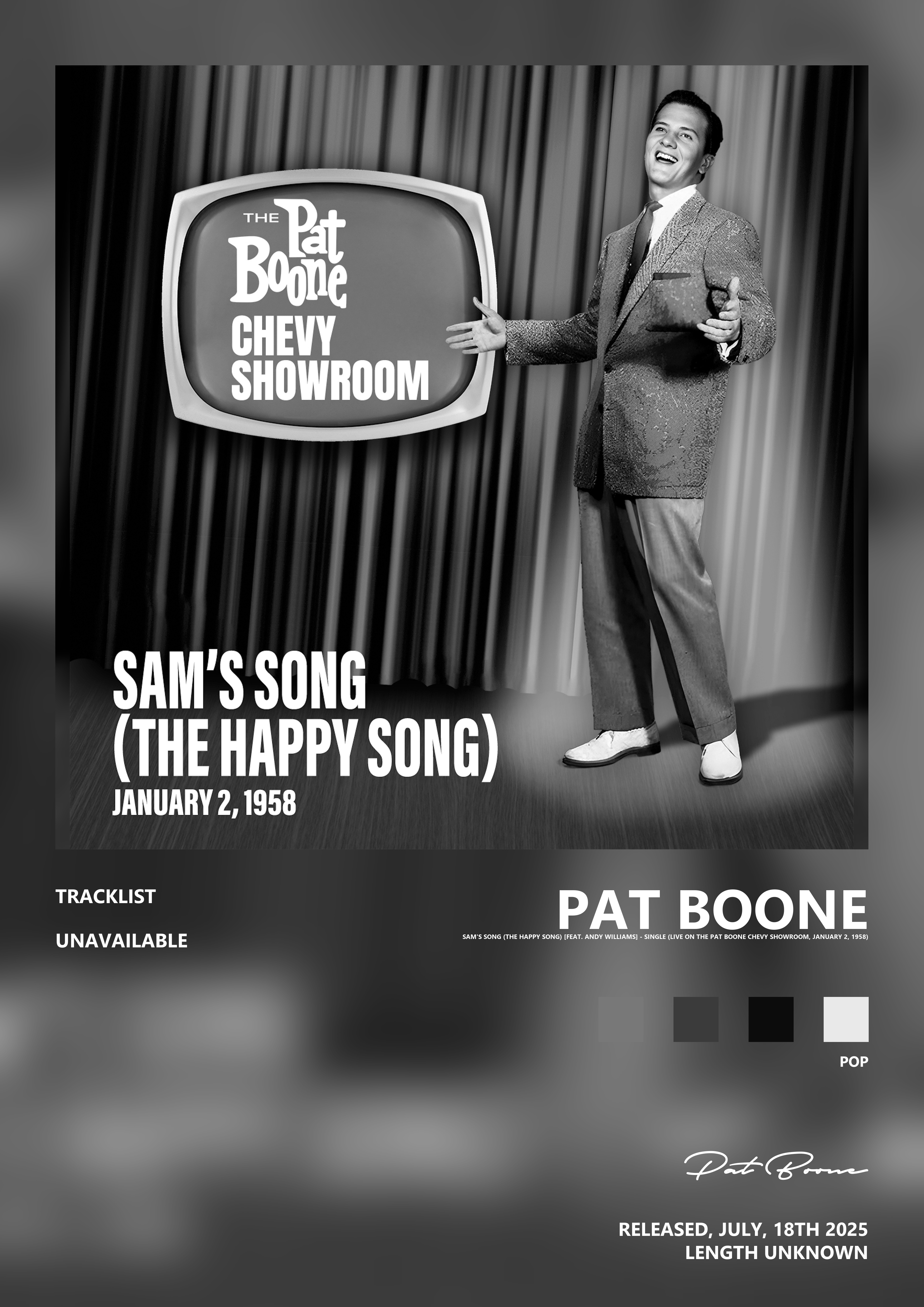 Music poster: Pat Boone - Sams Song The Happy Song feat Andy Williams - Single Live On The Pat Boone Chevy Showroom January 2 1958