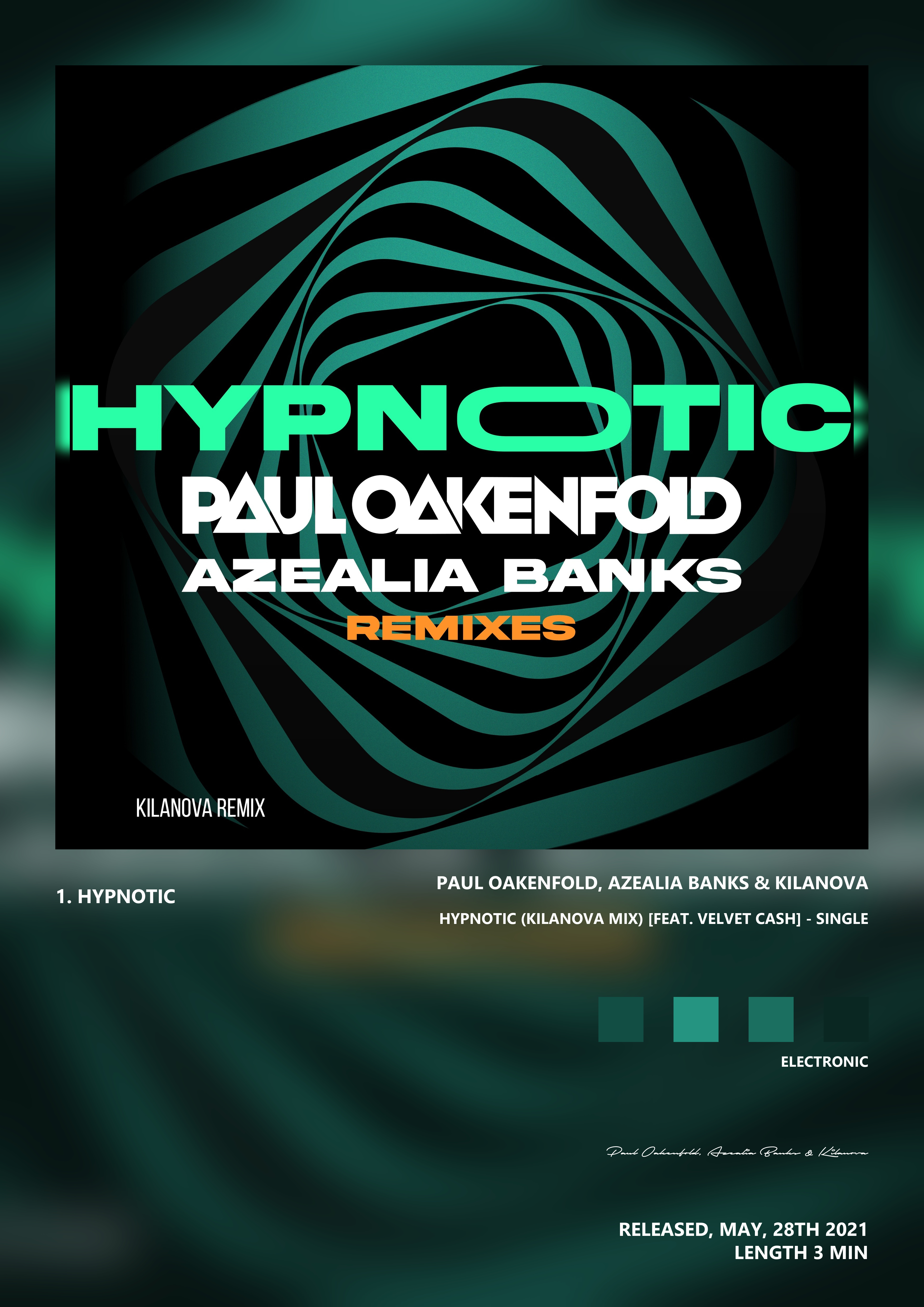 Music poster: Paul Oakenfold Azealia Banks Kilanova - Hypnotic Kilanova Mix feat Velvet Cash - Single