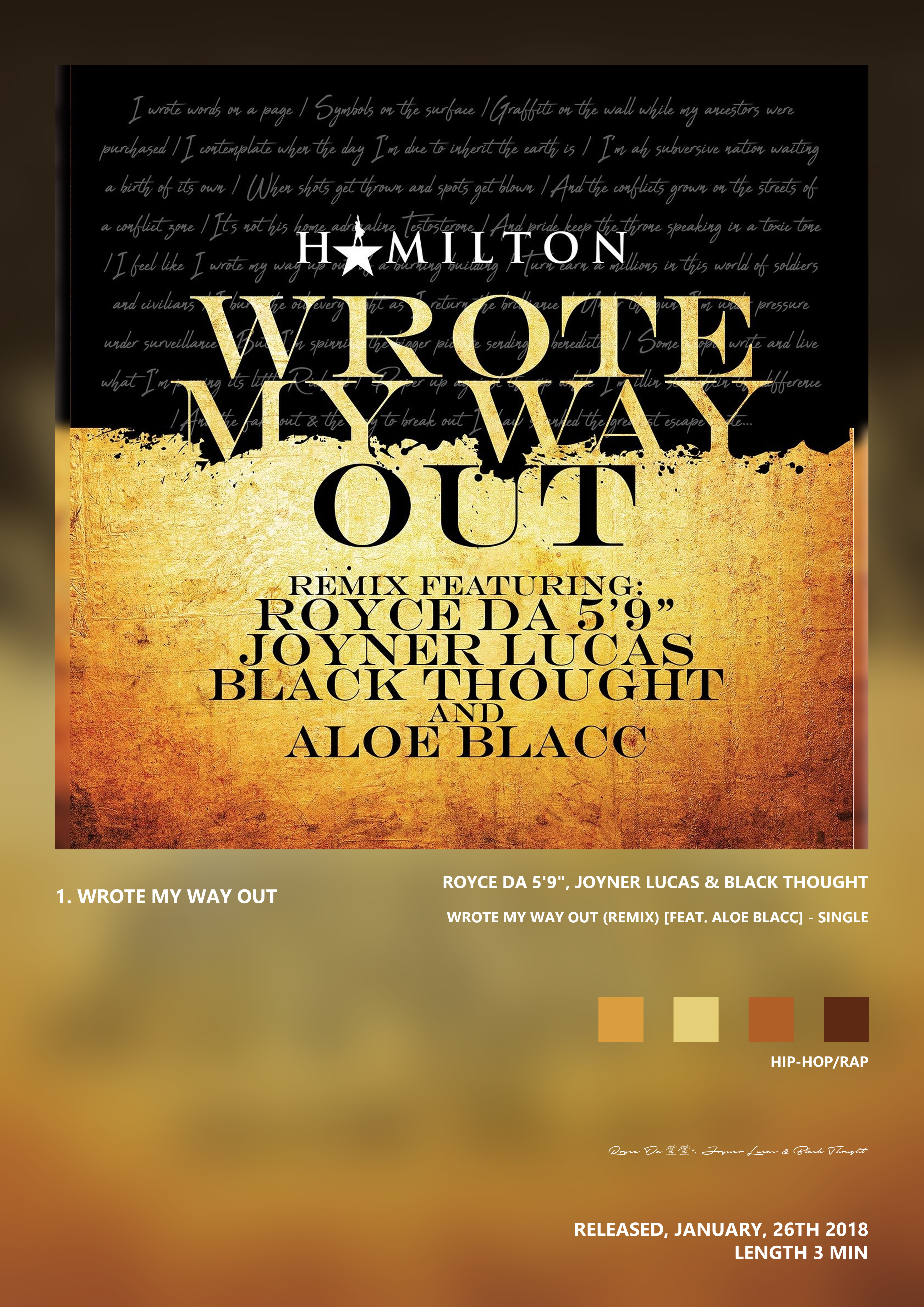 Music poster: Royce Da 59 Joyner Lucas Black Thought - Wrote My Way Out Remix feat Aloe Blacc - Single