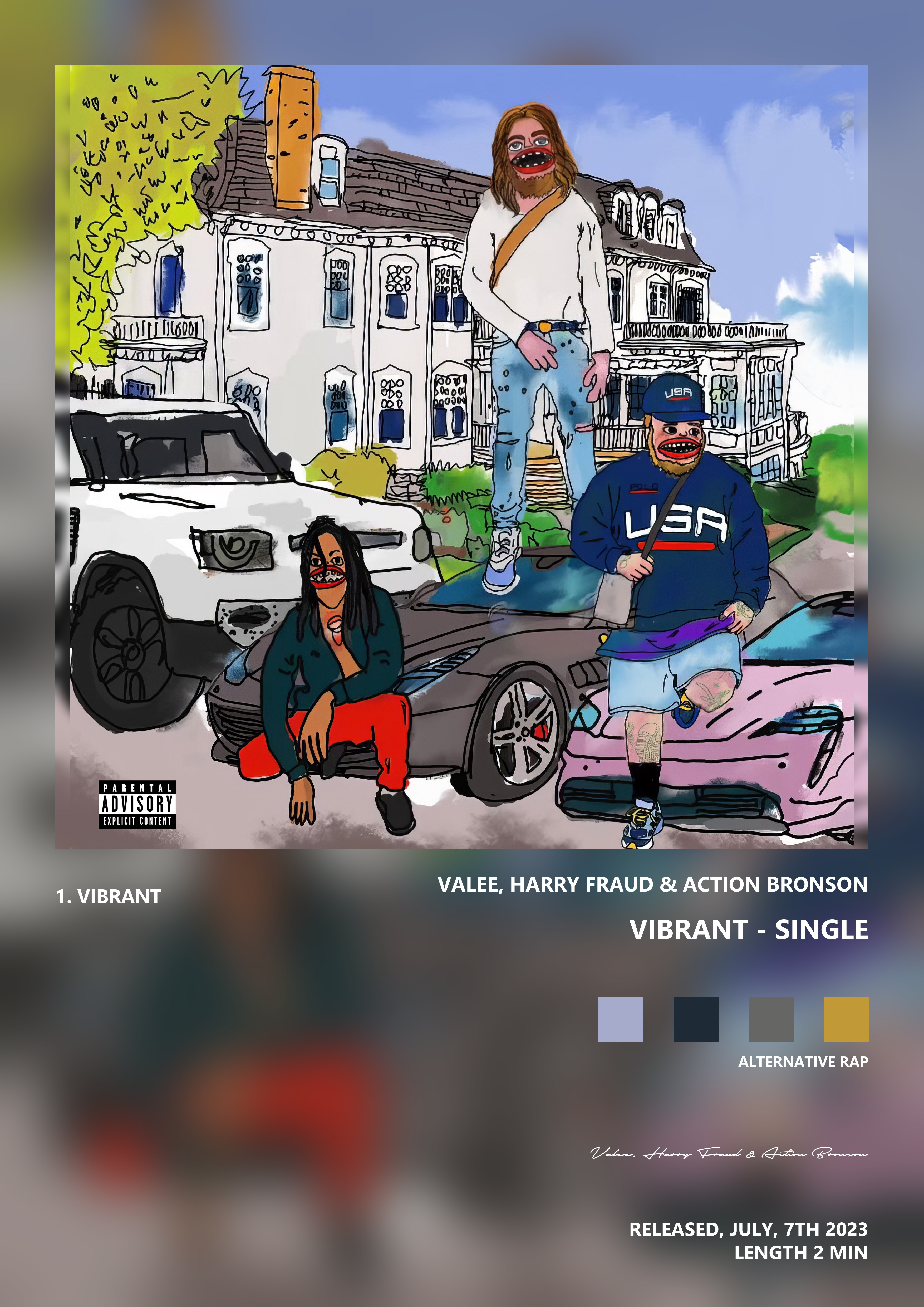 Music poster: Valee Harry Fraud Action Bronson - Vibrant - Single