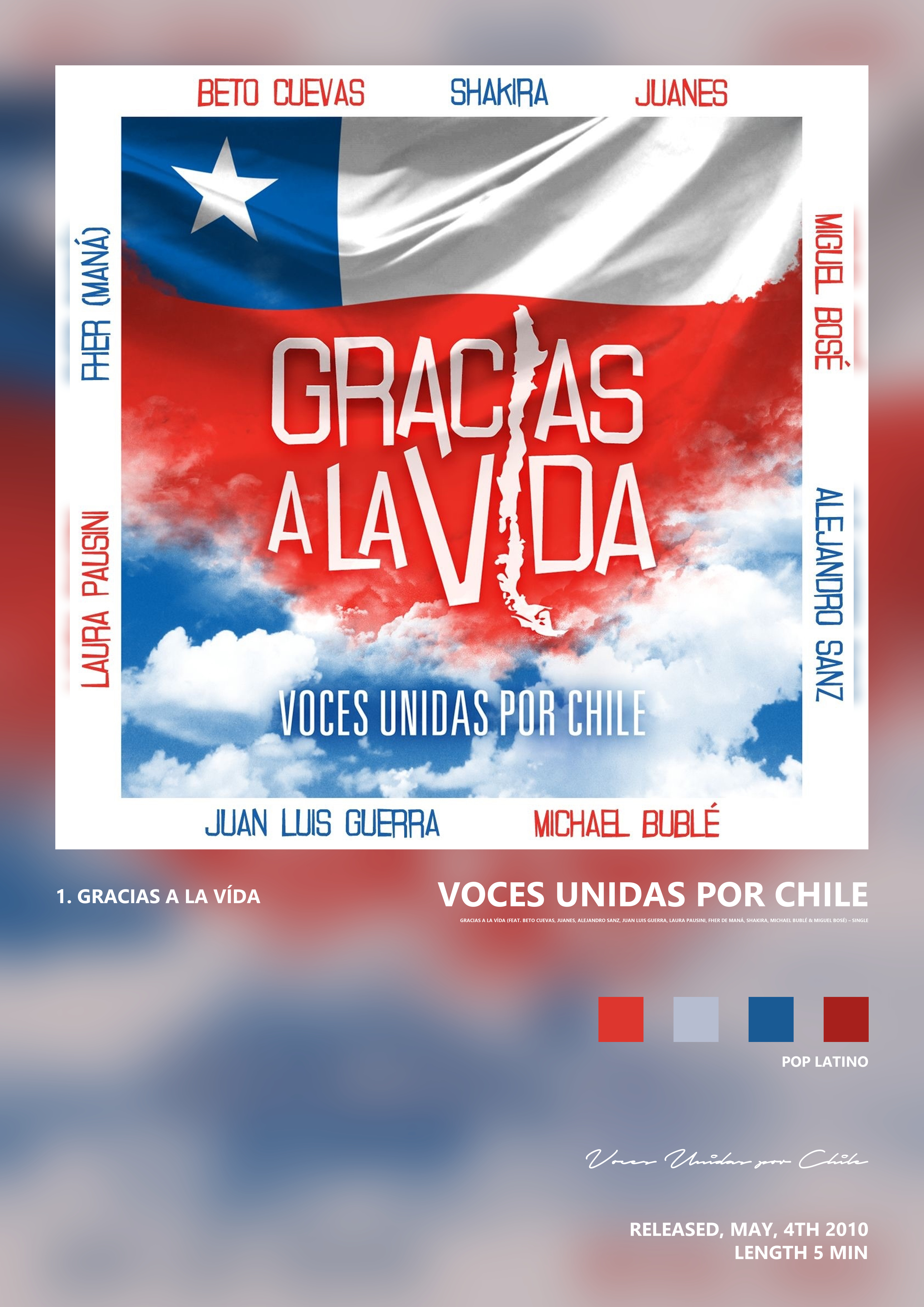Music poster: Voces Unidas por Chile - Gracias a la Vída feat Beto Cuevas Juanes Alejandro Sanz Juan Luis Guerra Laura Pausini Fher de