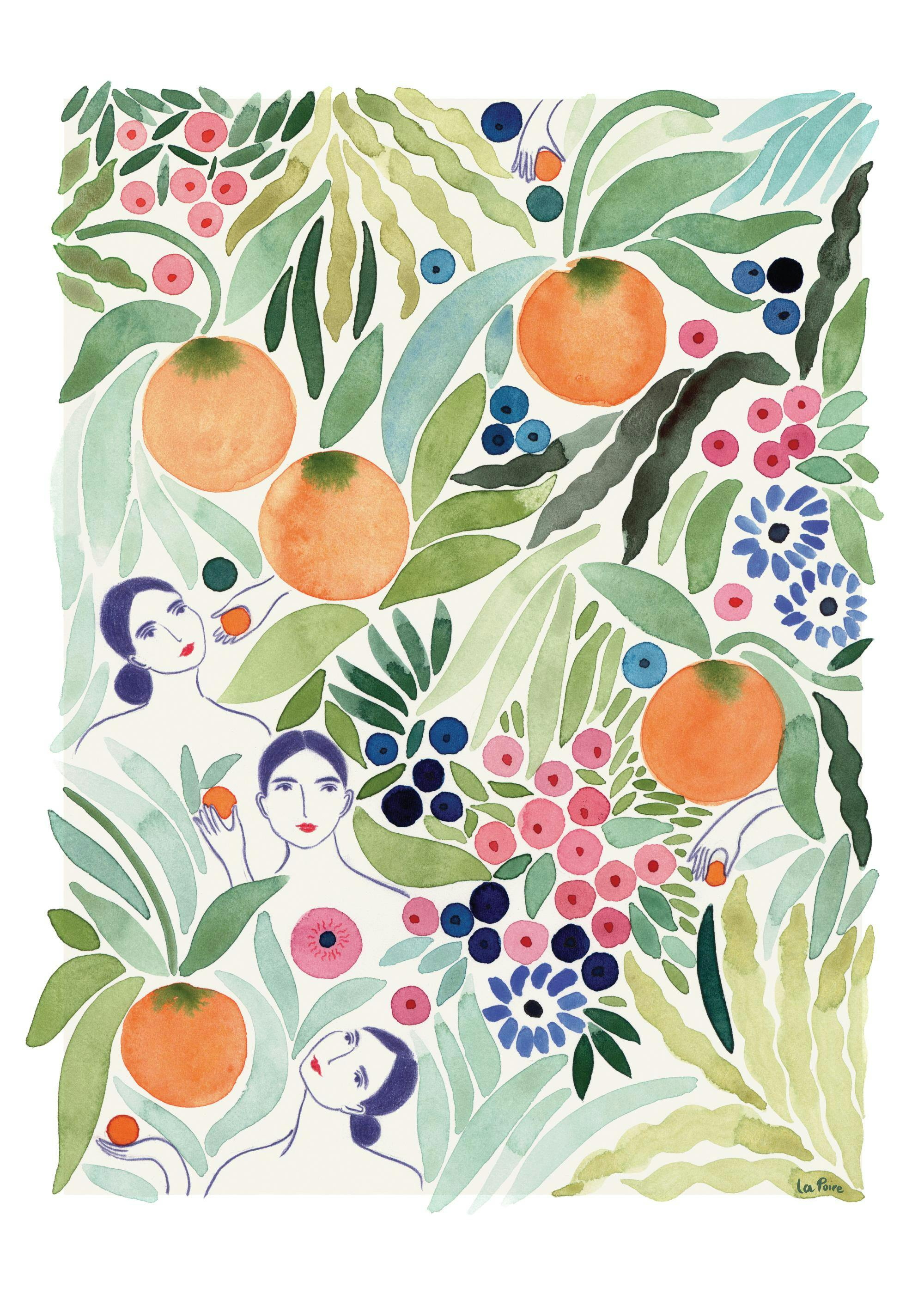 Music poster: 02 Watercolor art print of women surrounded by vibrant green plants, orange fruits, - 02 Watercolor art print of women surrounded by vibrant green plants, orange fruits,