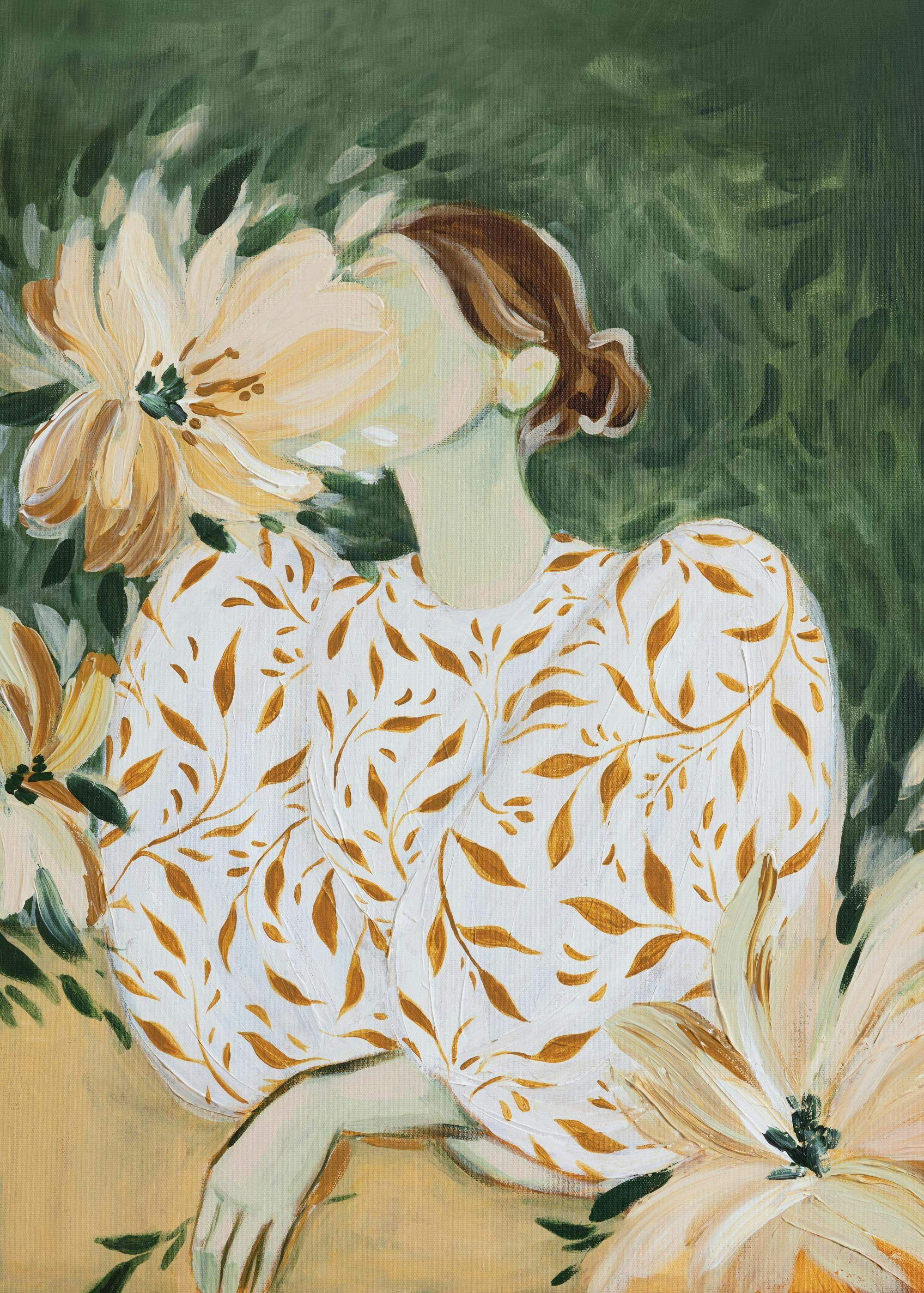 Music poster: 03 A print of a woman with her face obscured by a large cream and gold flower, wear - 03 A print of a woman with her face obscured by a large cream and gold flower, wear