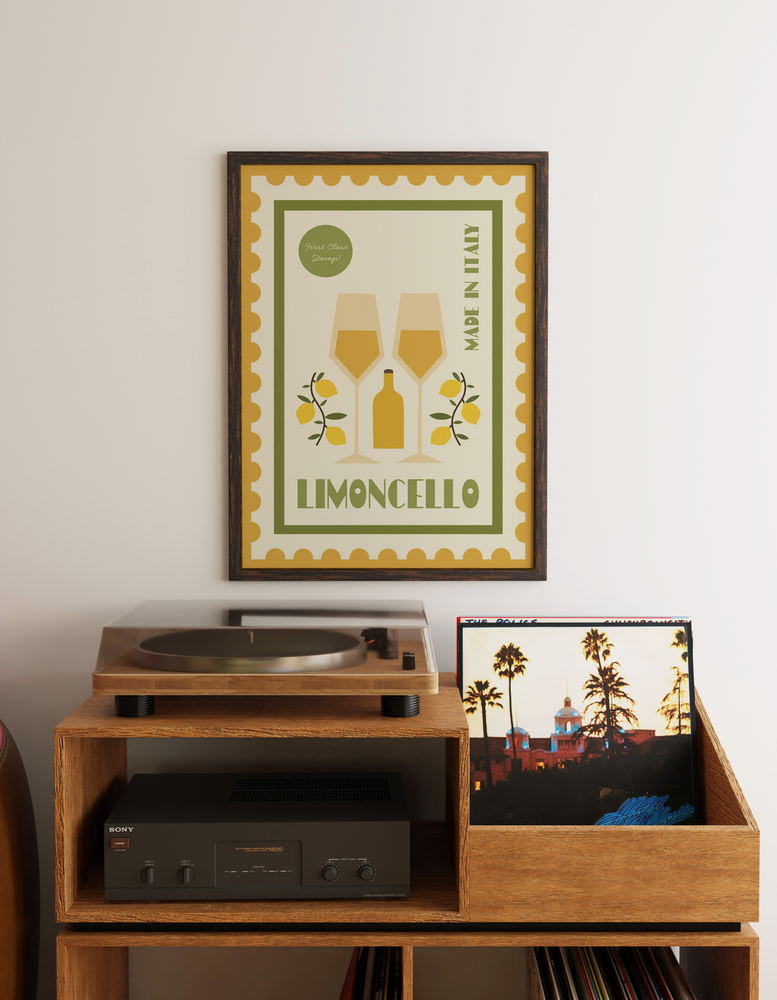 Music poster: 04 Retro Limoncello poster designed like a postage stamp, featuring two glasses, a - 04 Retro Limoncello poster designed like a postage stamp, featuring two glasses, a