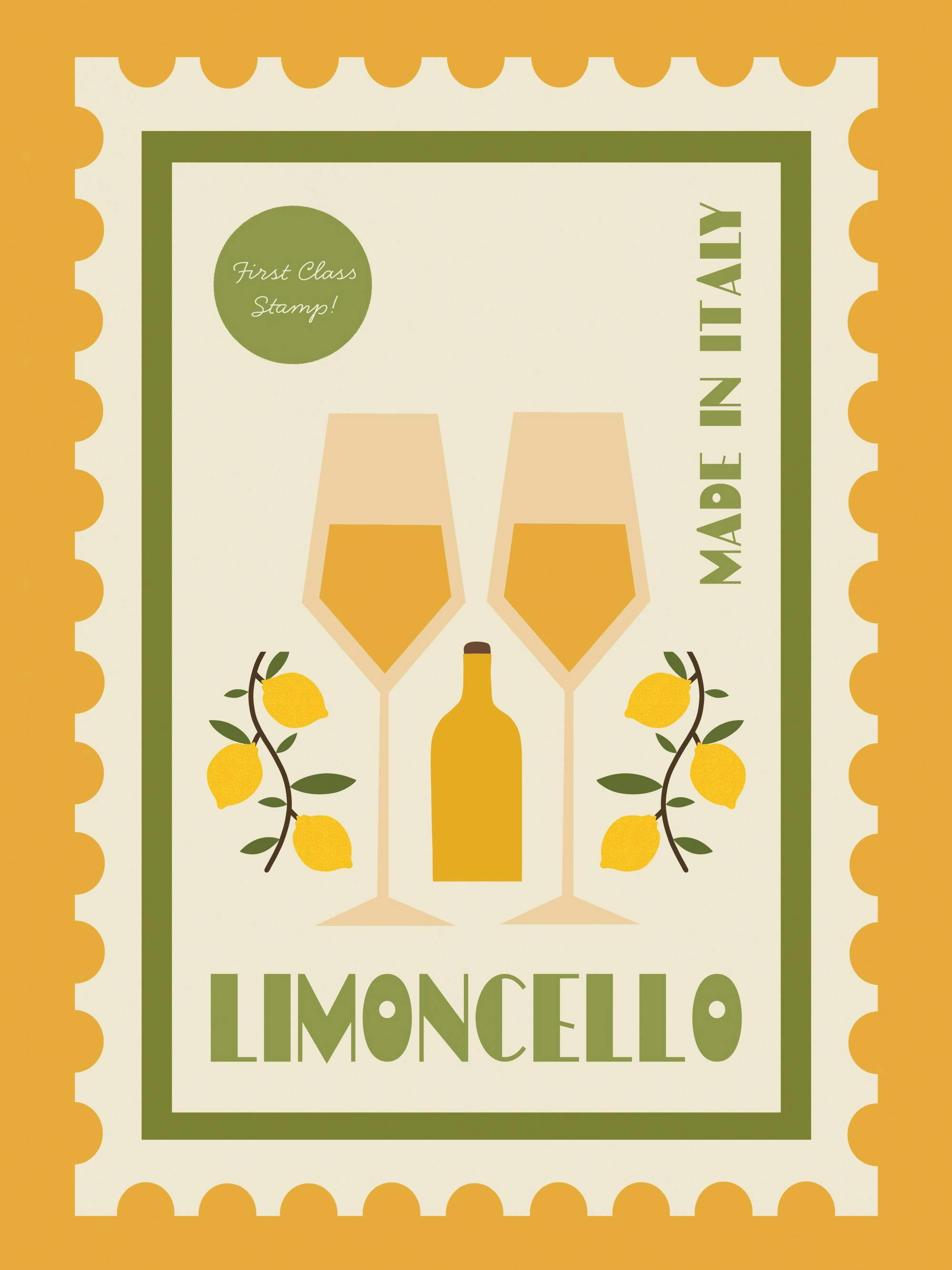 Music poster: 04 Retro Limoncello poster designed like a postage stamp, featuring two glasses, a - 04 Retro Limoncello poster designed like a postage stamp, featuring two glasses, a