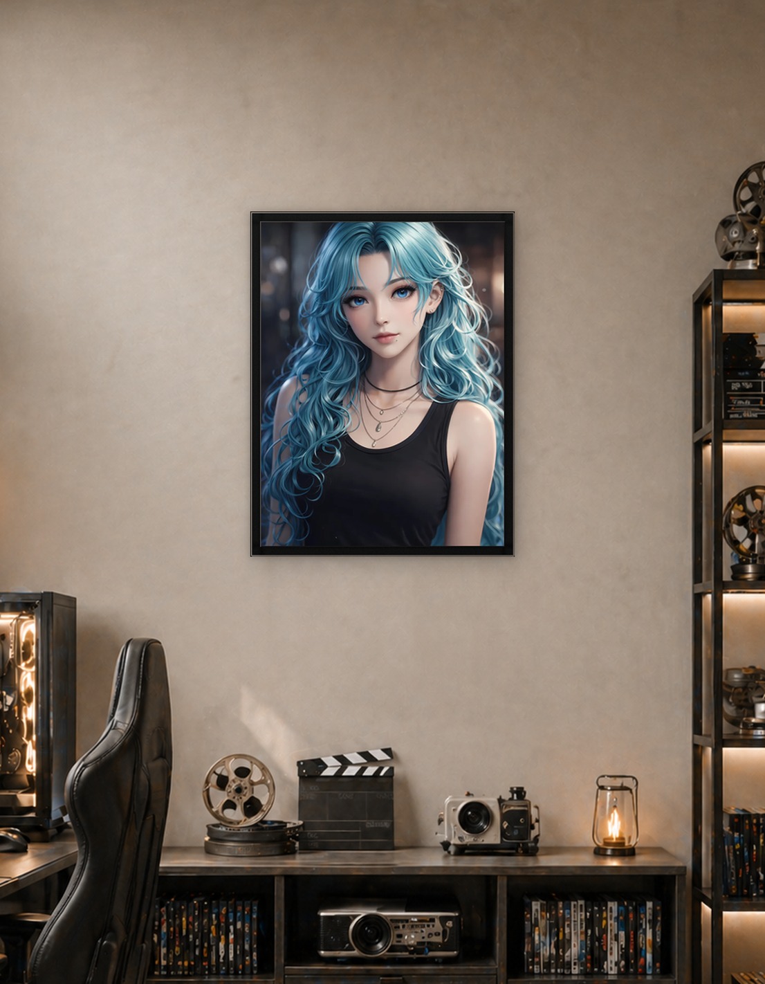 Azure Gaze Anime Girl with Blue Hair Portrait