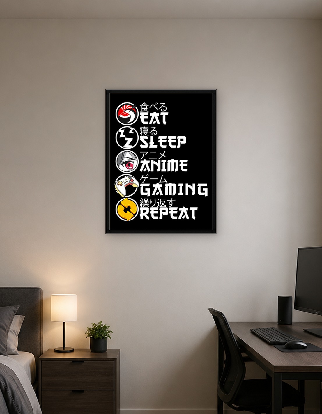 Eat Sleep Anime Gaming Repeat Poster, Otaku Wall Art, Japanese Gamer Room Decor Print