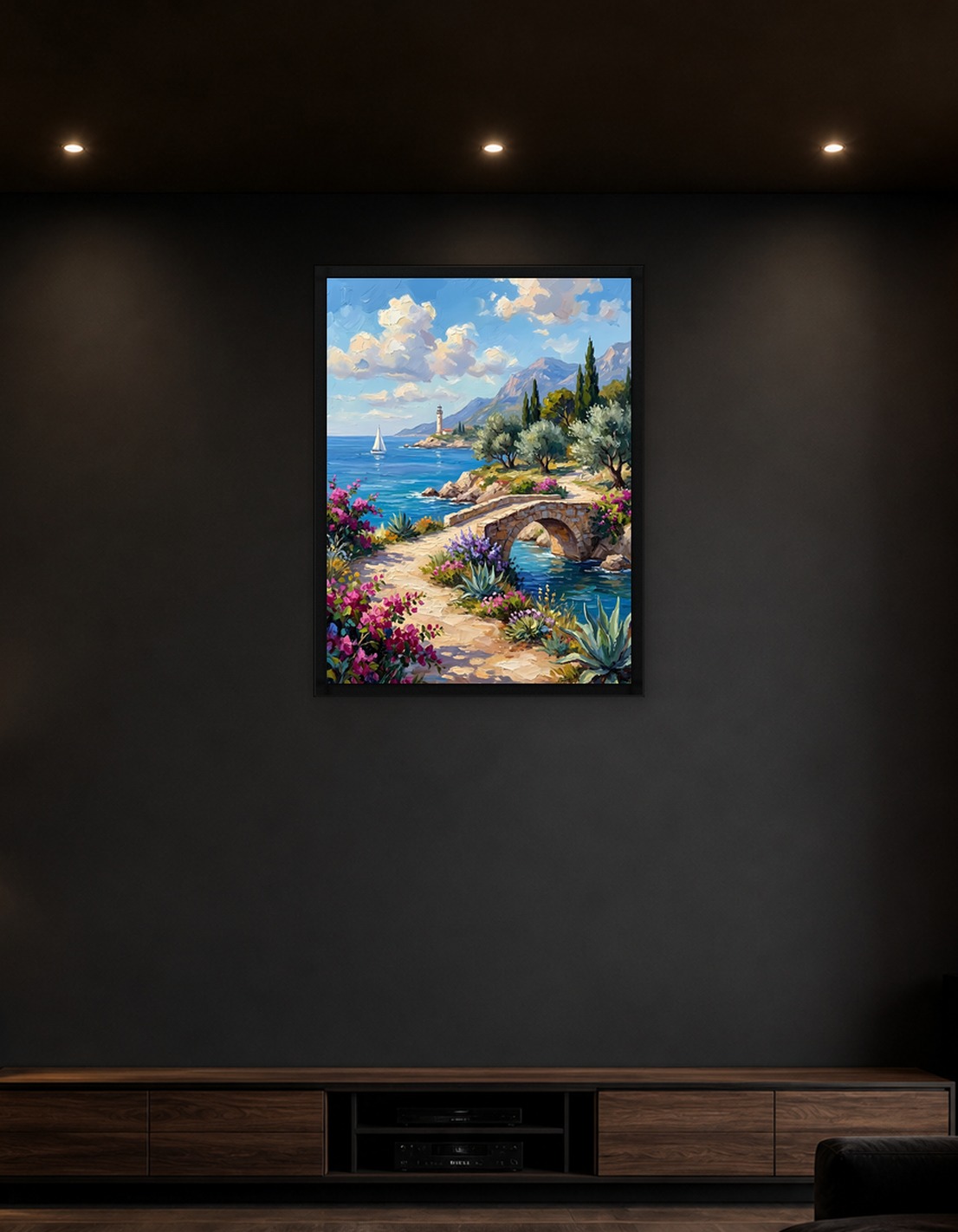 Coastal Landscape Painting with Stone Bridge