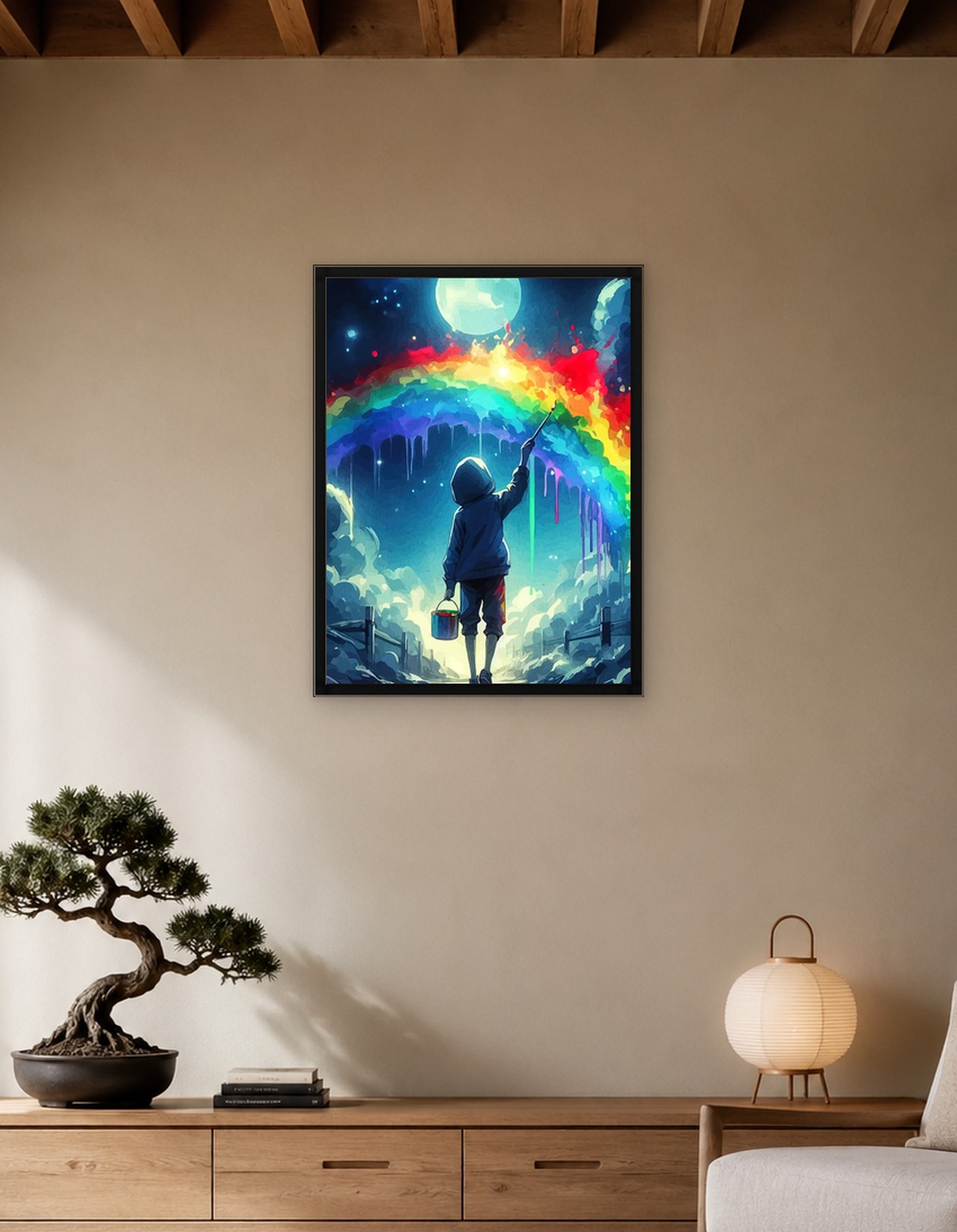 Child Painting Rainbow Under the Moon