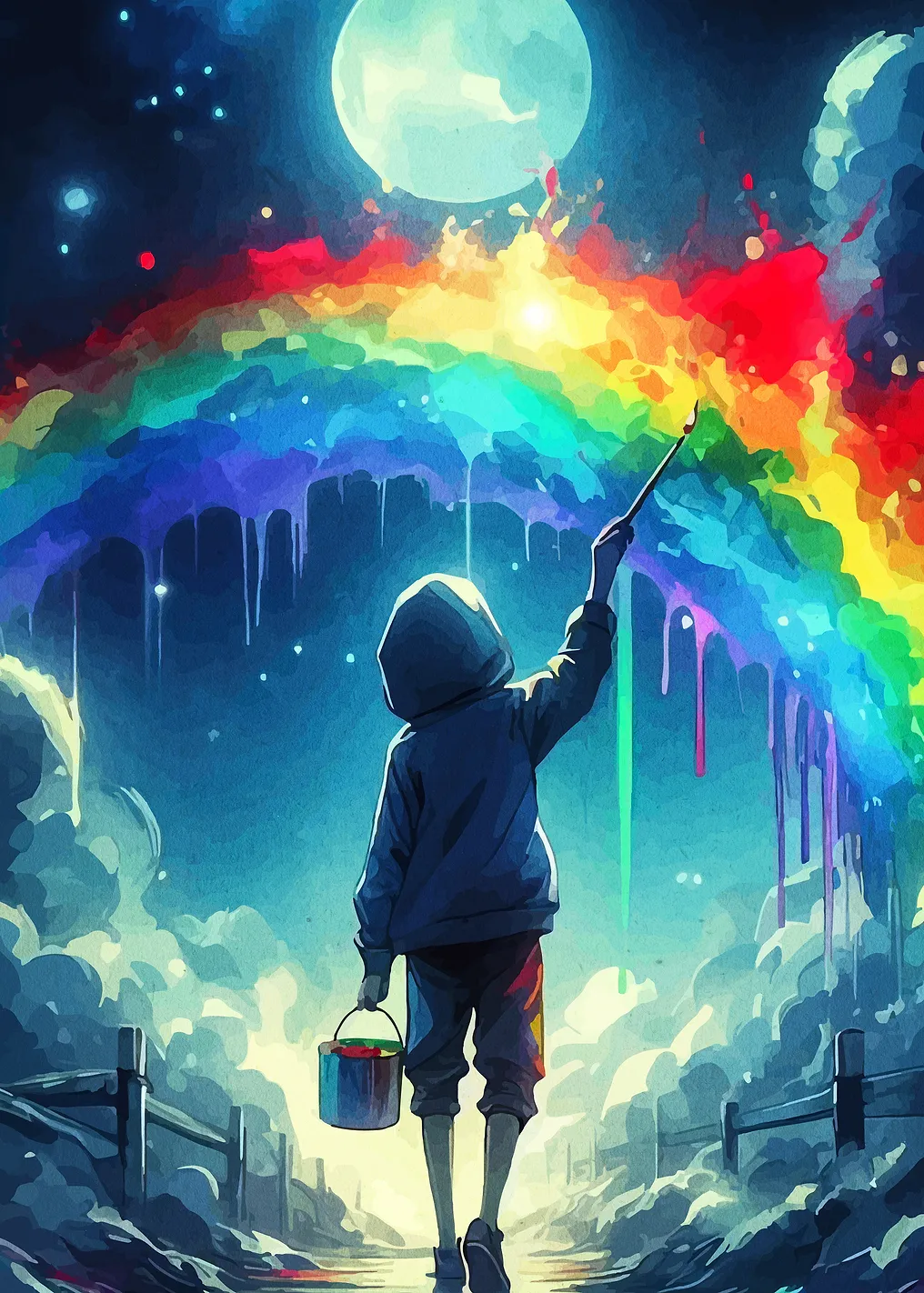 Child Painting Rainbow Under the Moon