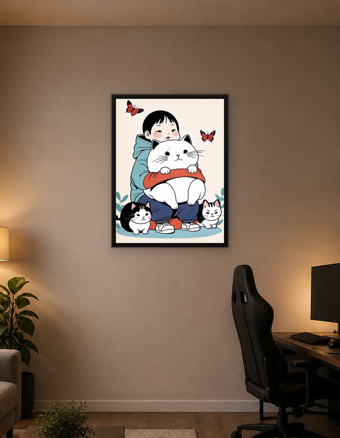 Child with Cats and Butterflies Illustration