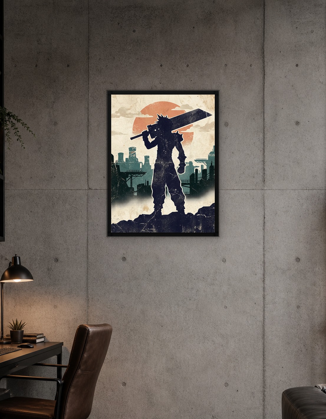Cloud Strife Silhouette with Cityscape