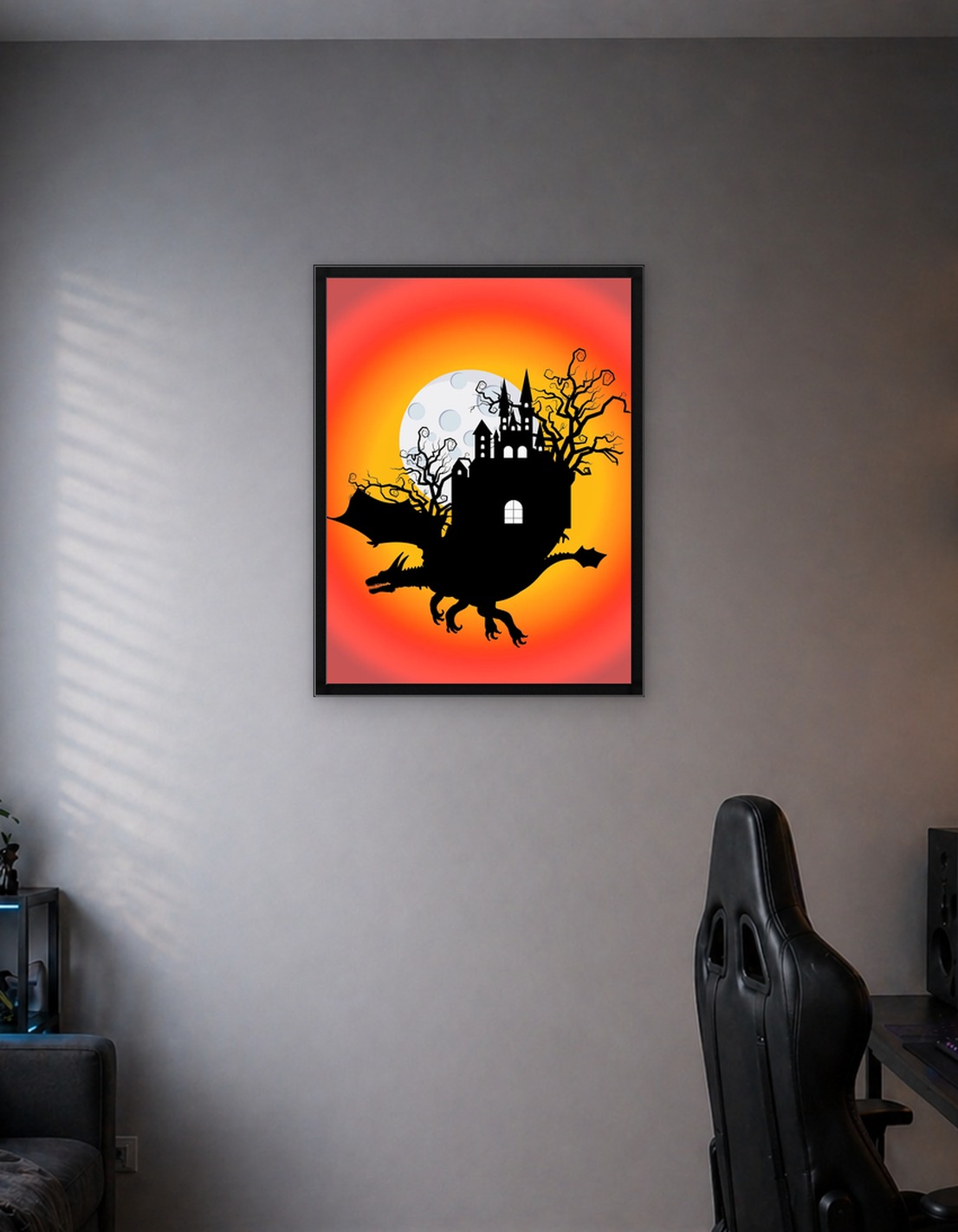 Dragon Castle Silhouette with Moon Moving Castle